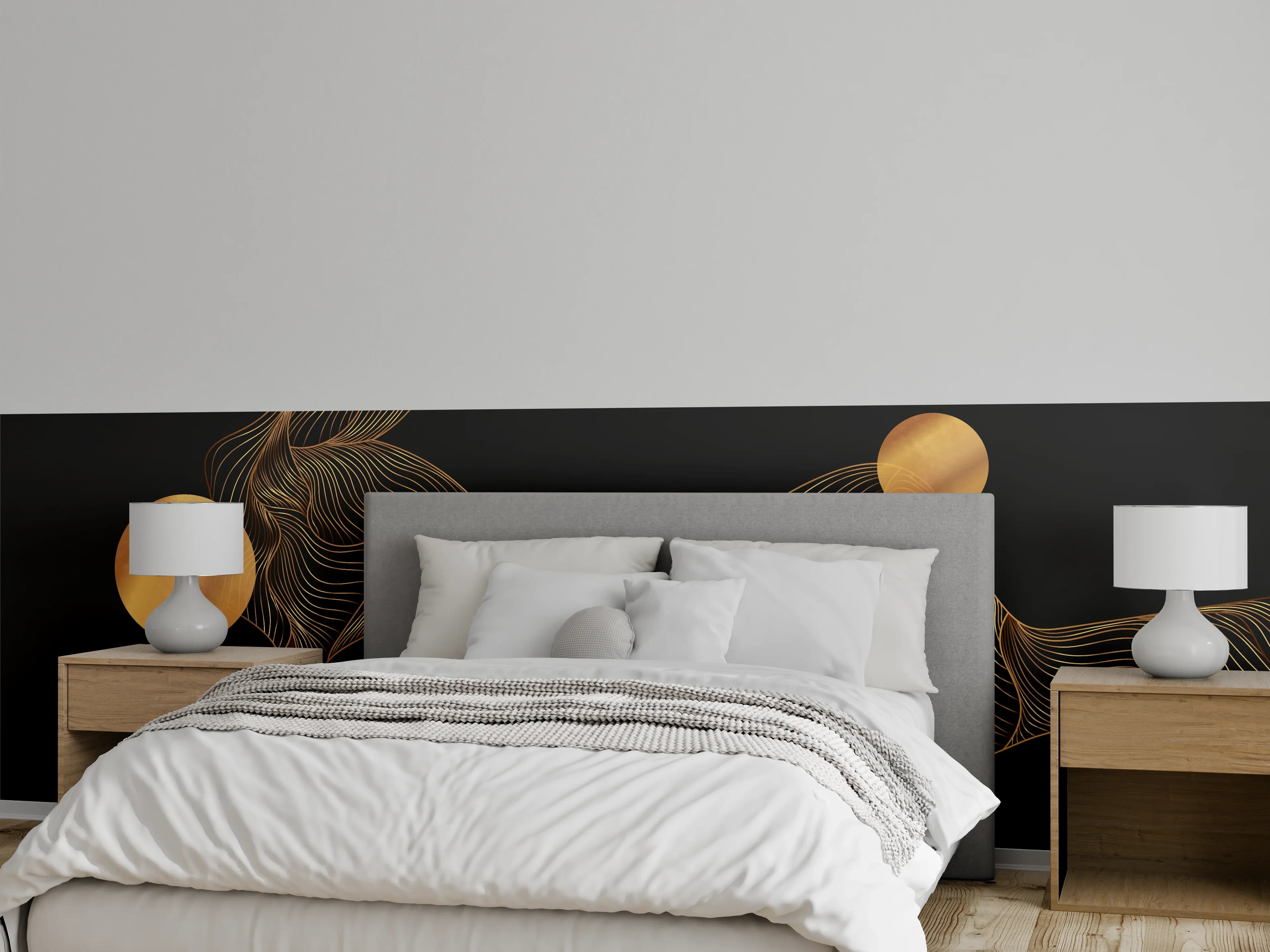 Wandverkleidung Schlafzimmer - Abstrakte Gold-Schwarz Linienkunst