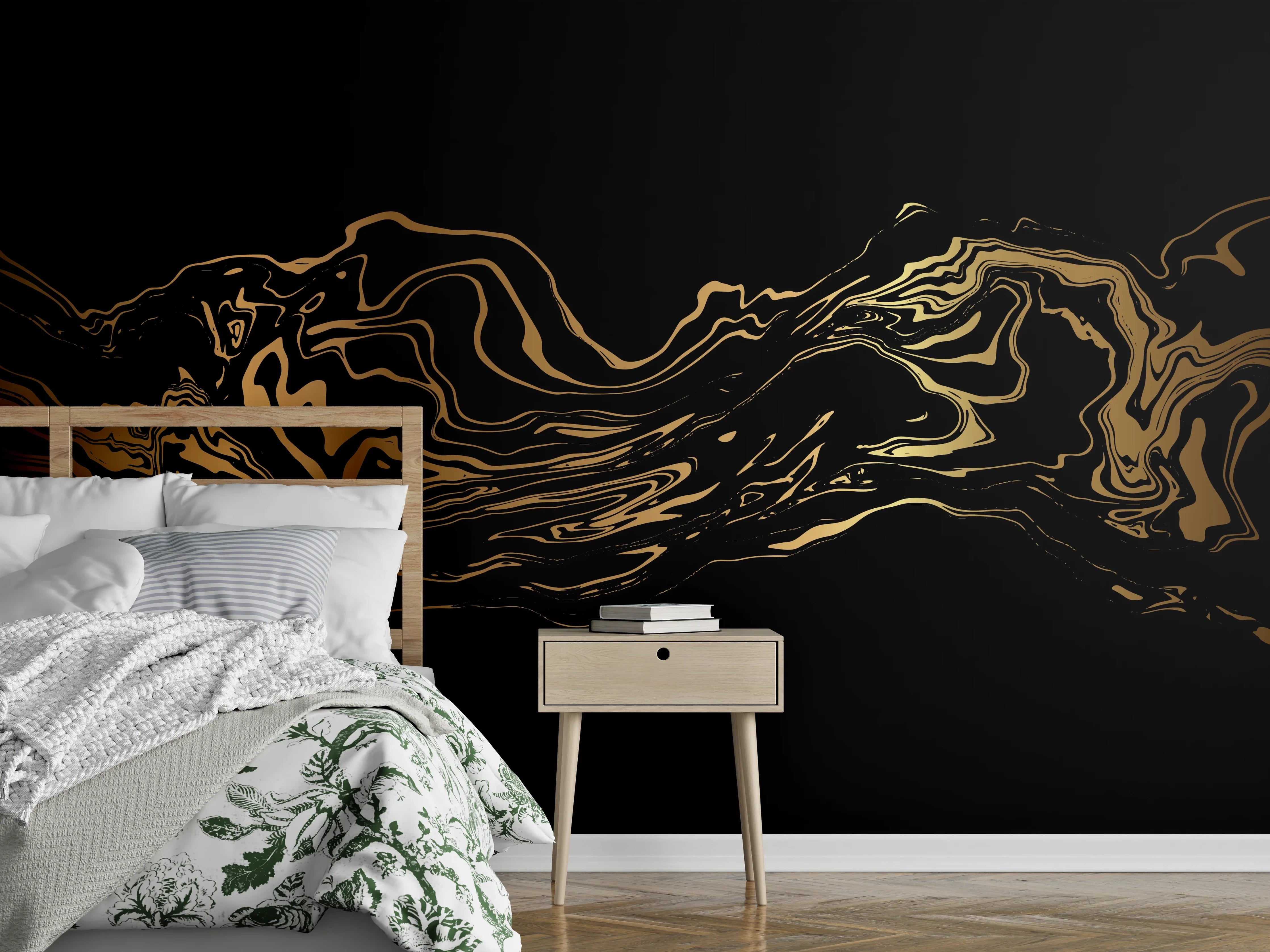 Wandverkleidung Schlafzimmer - Abstrakte Gold-Schwarz-Textur