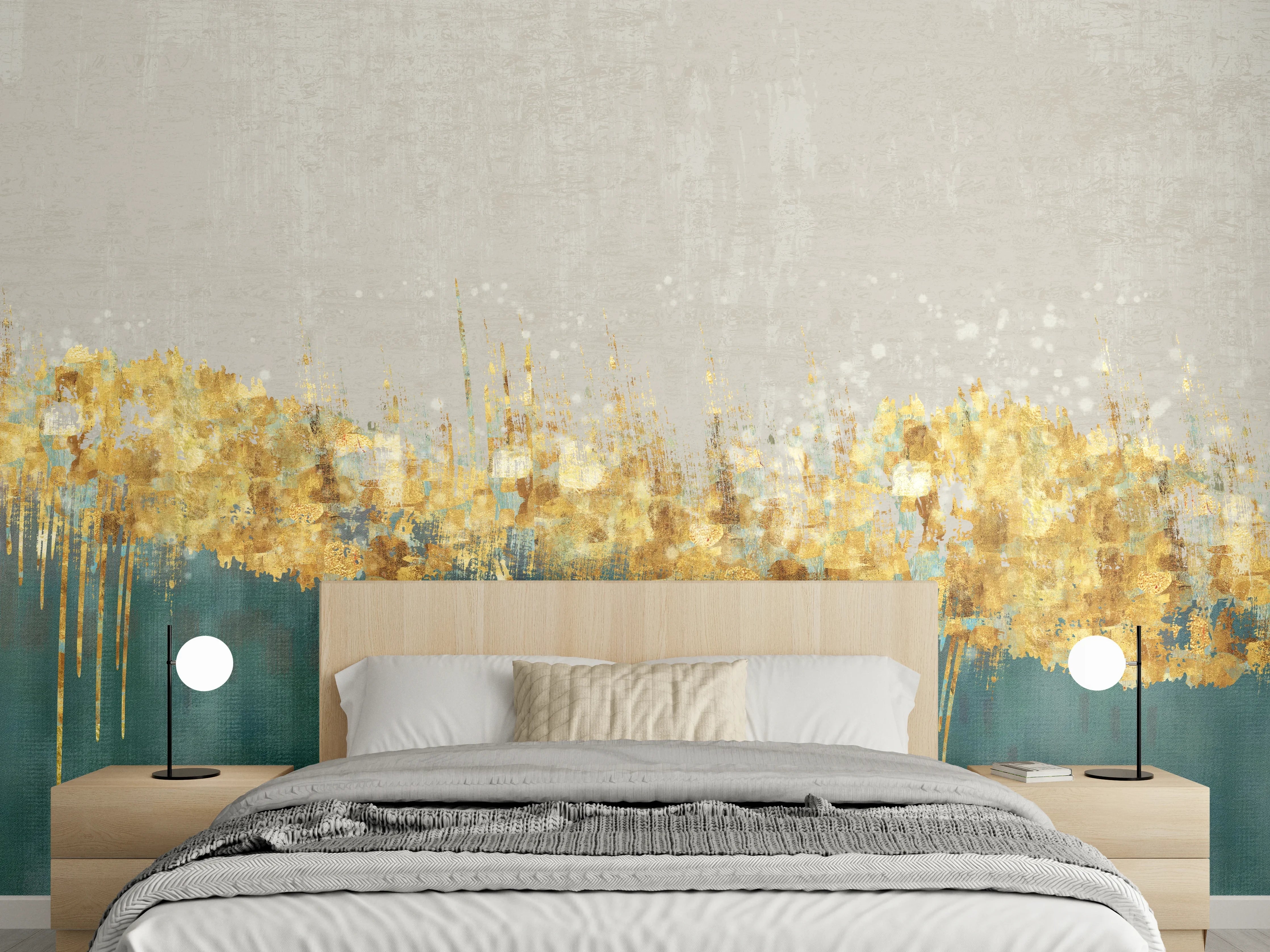 Wandverkleidung Schlafzimmer - Abstrakte Goldakzente auf Türkis & Beige