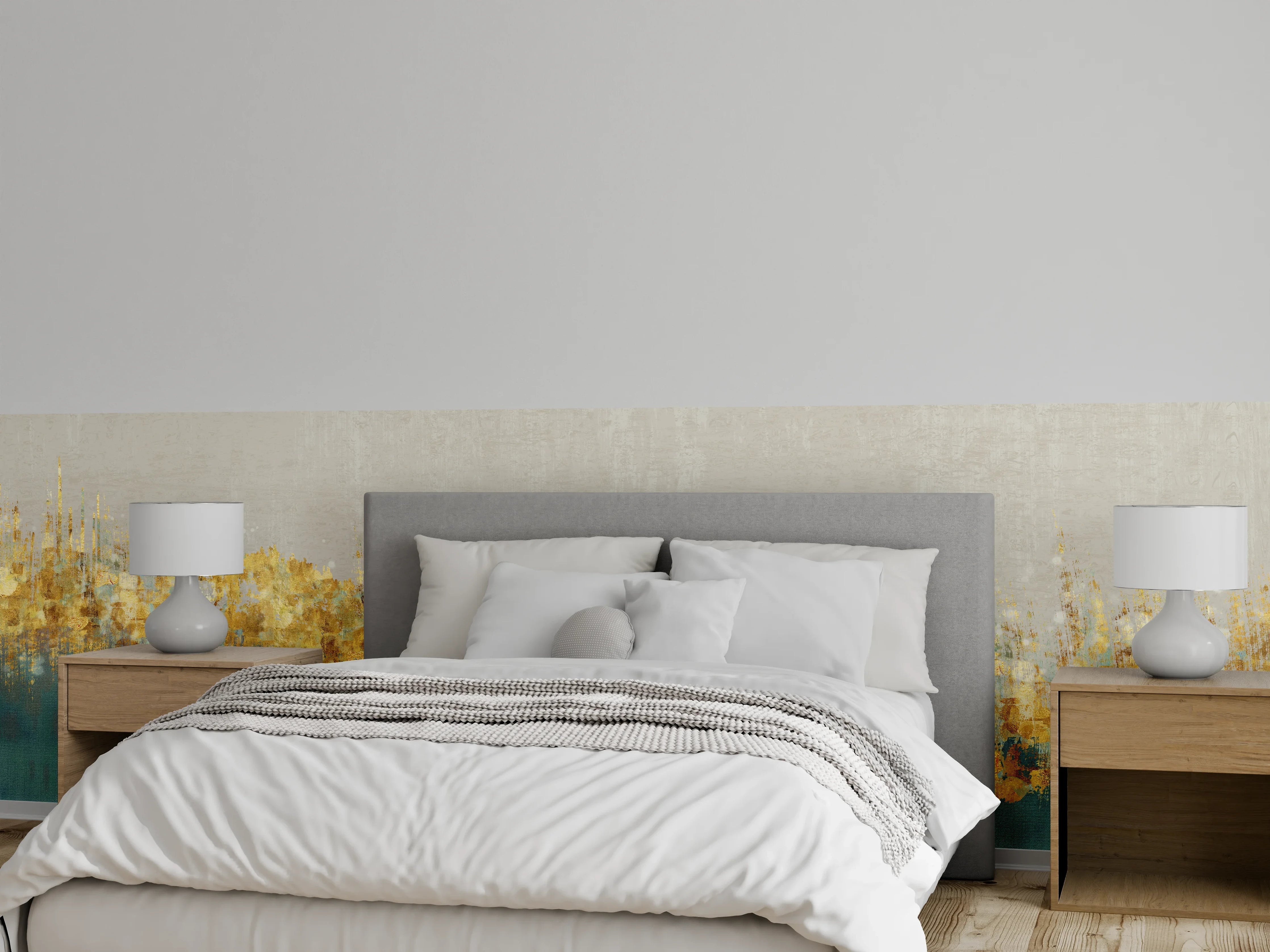 Wandverkleidung Schlafzimmer - Abstrakte Goldakzente auf Türkis & Beige