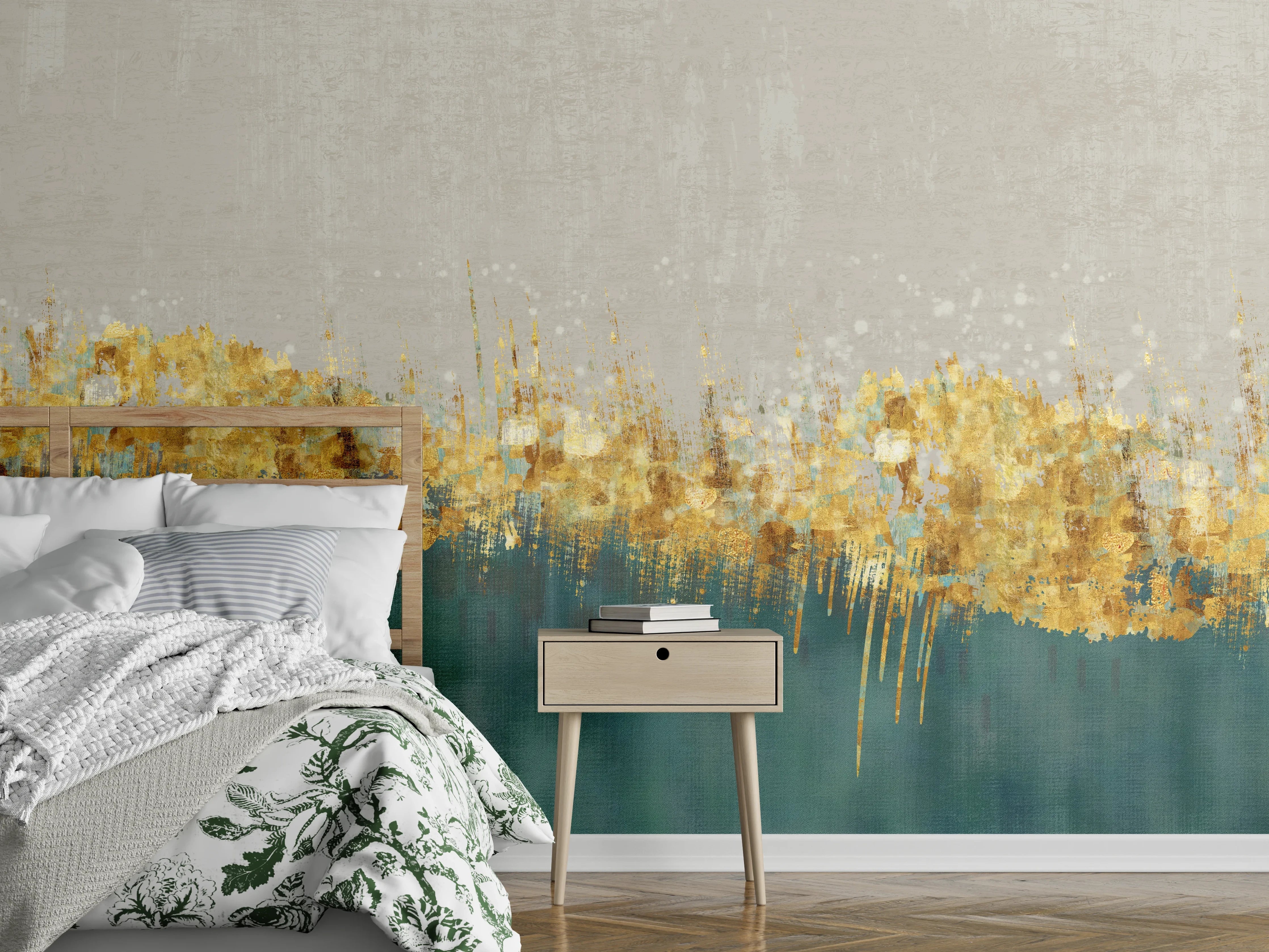 Wandverkleidung Schlafzimmer - Abstrakte Goldakzente auf Türkis & Beige