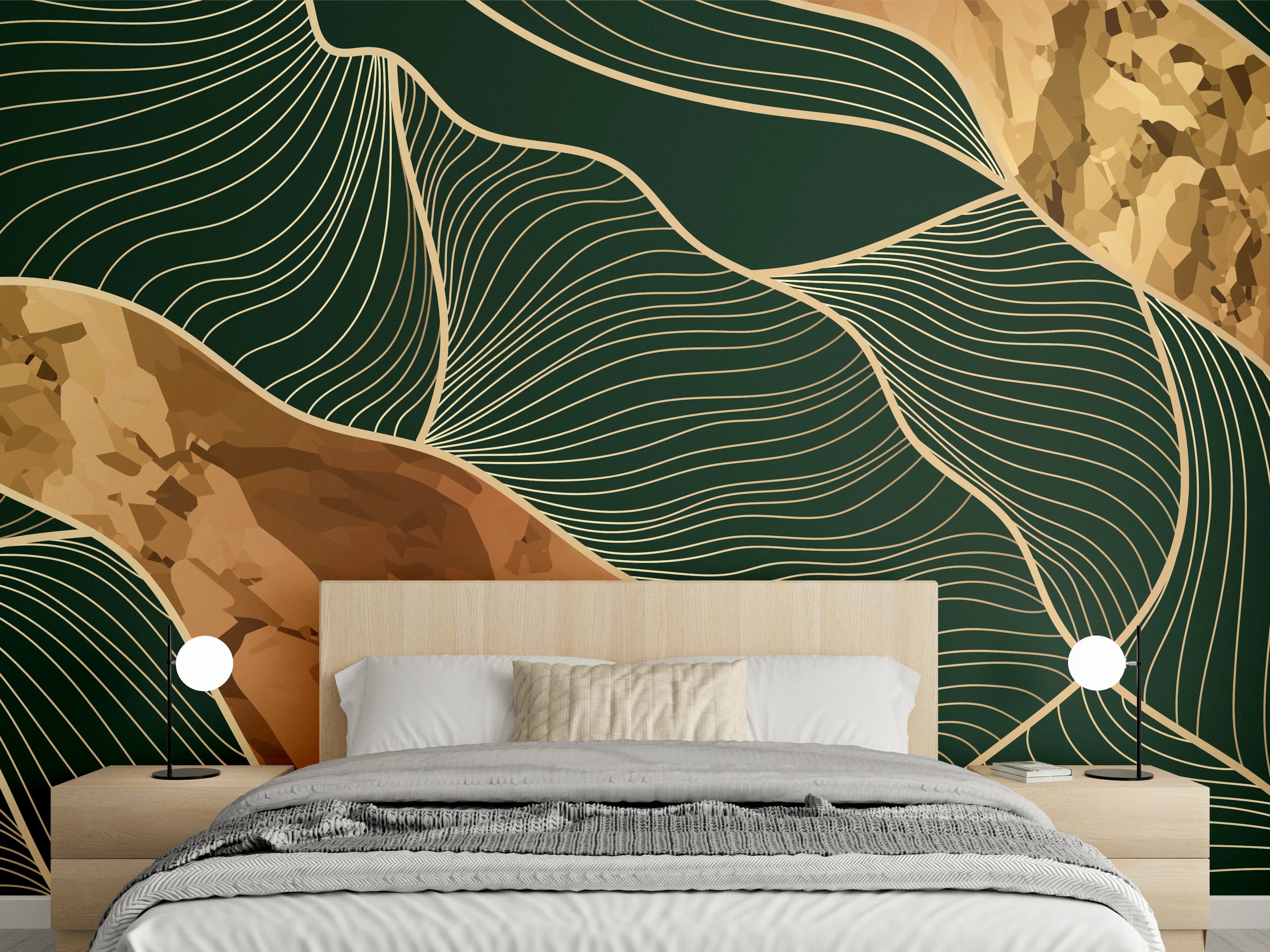 Wandverkleidung Schlafzimmer - Abstrakte Goldgrün Konturlinien