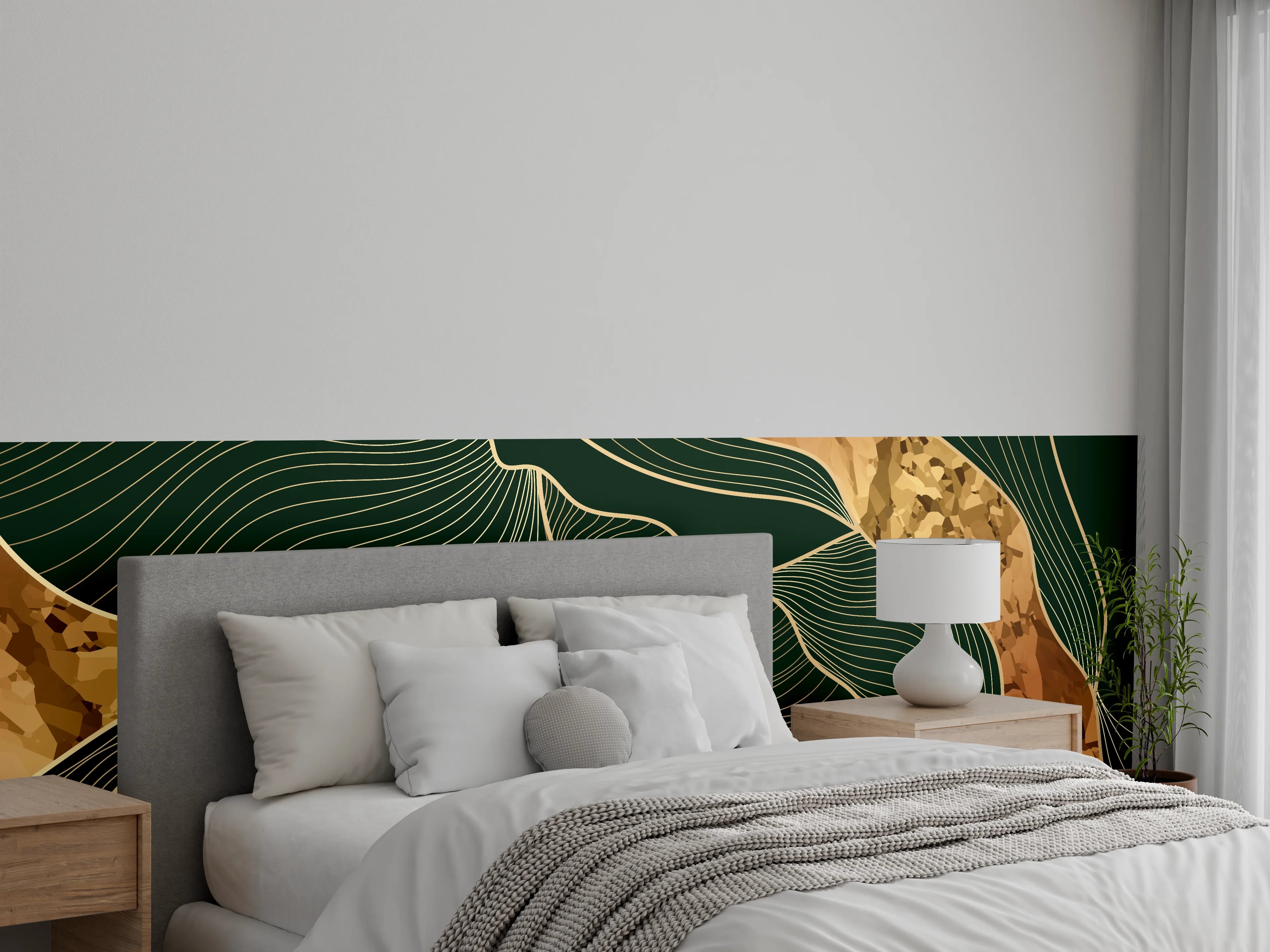 Wandverkleidung Schlafzimmer - Abstrakte Goldgrün Konturlinien