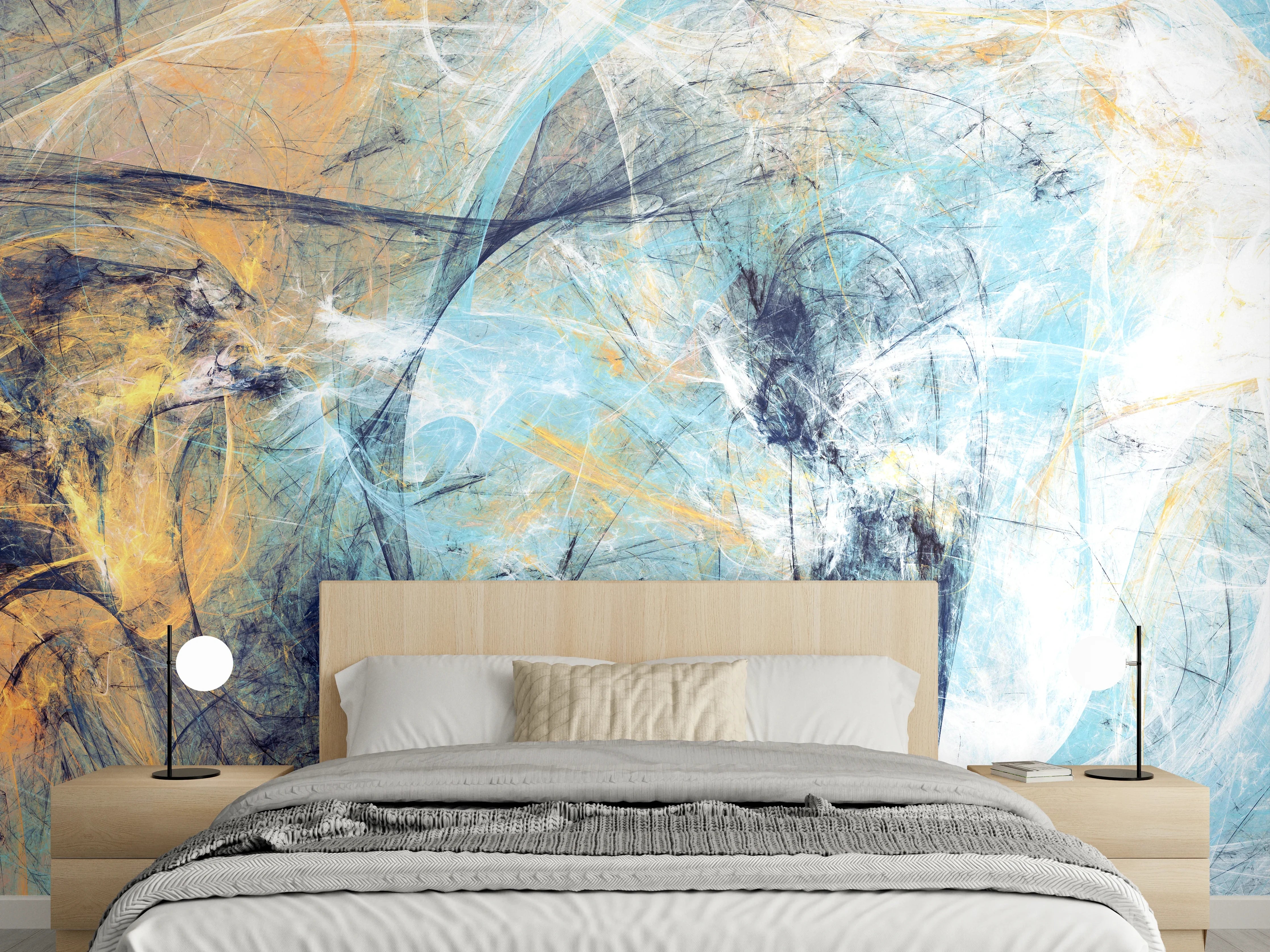 Wandverkleidung Schlafzimmer - Abstrakte Kunst Blau Beige Weiß