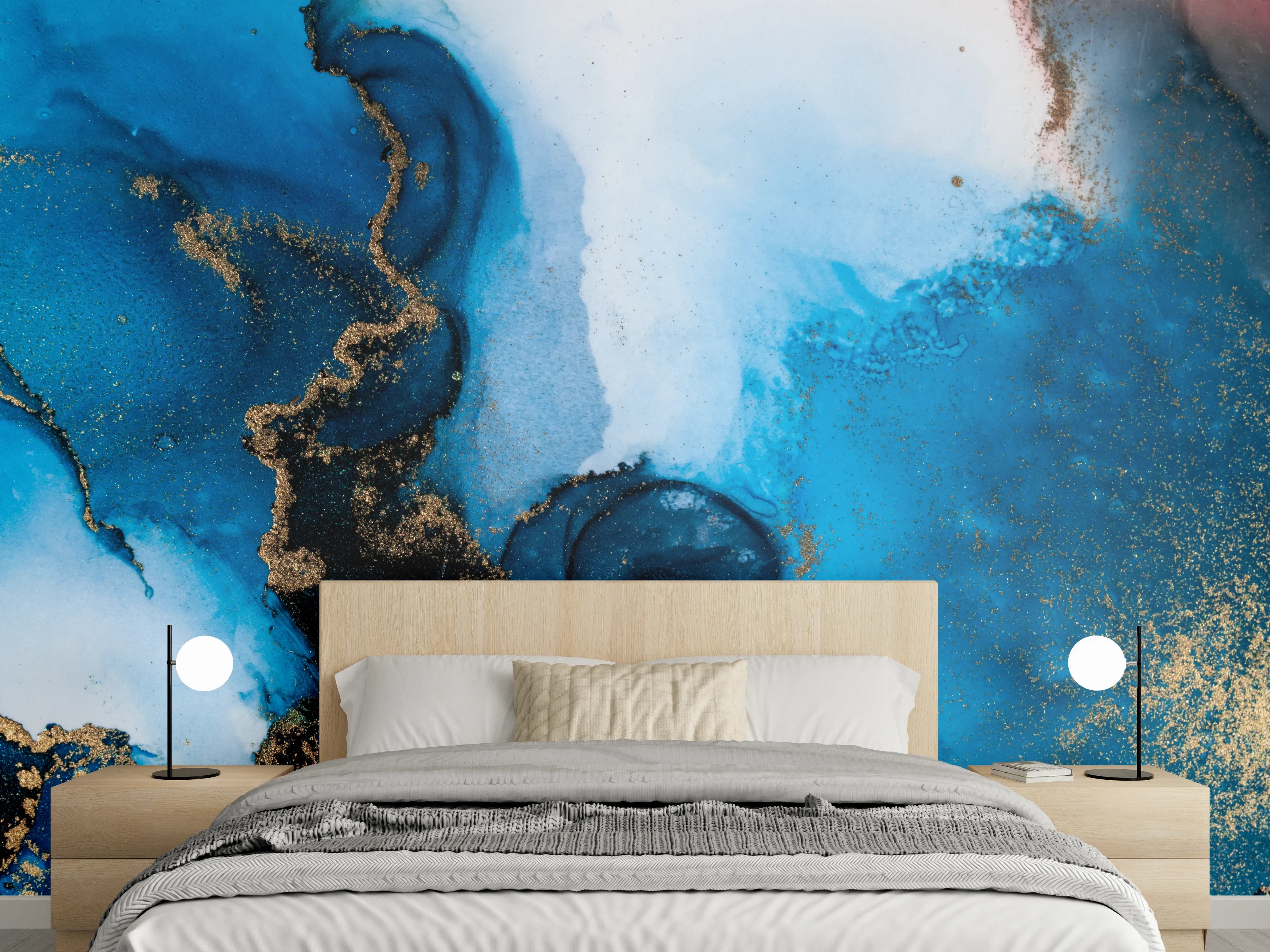 Wandverkleidung Schlafzimmer - Abstrakte Kunst in Blau und Gold