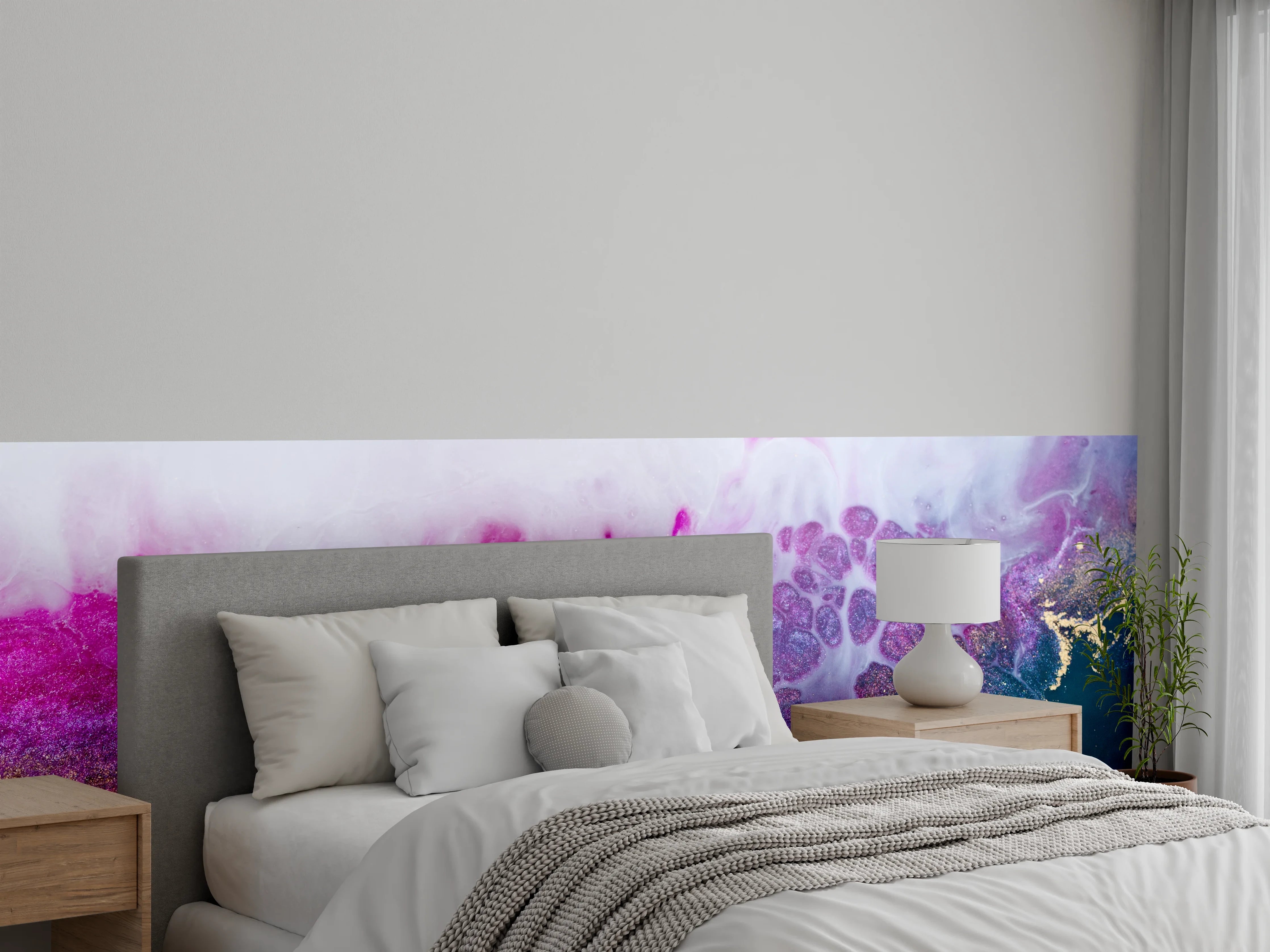 Wandverkleidung Schlafzimmer - Abstrakte Kunst: Lila, Gold & Schwarz