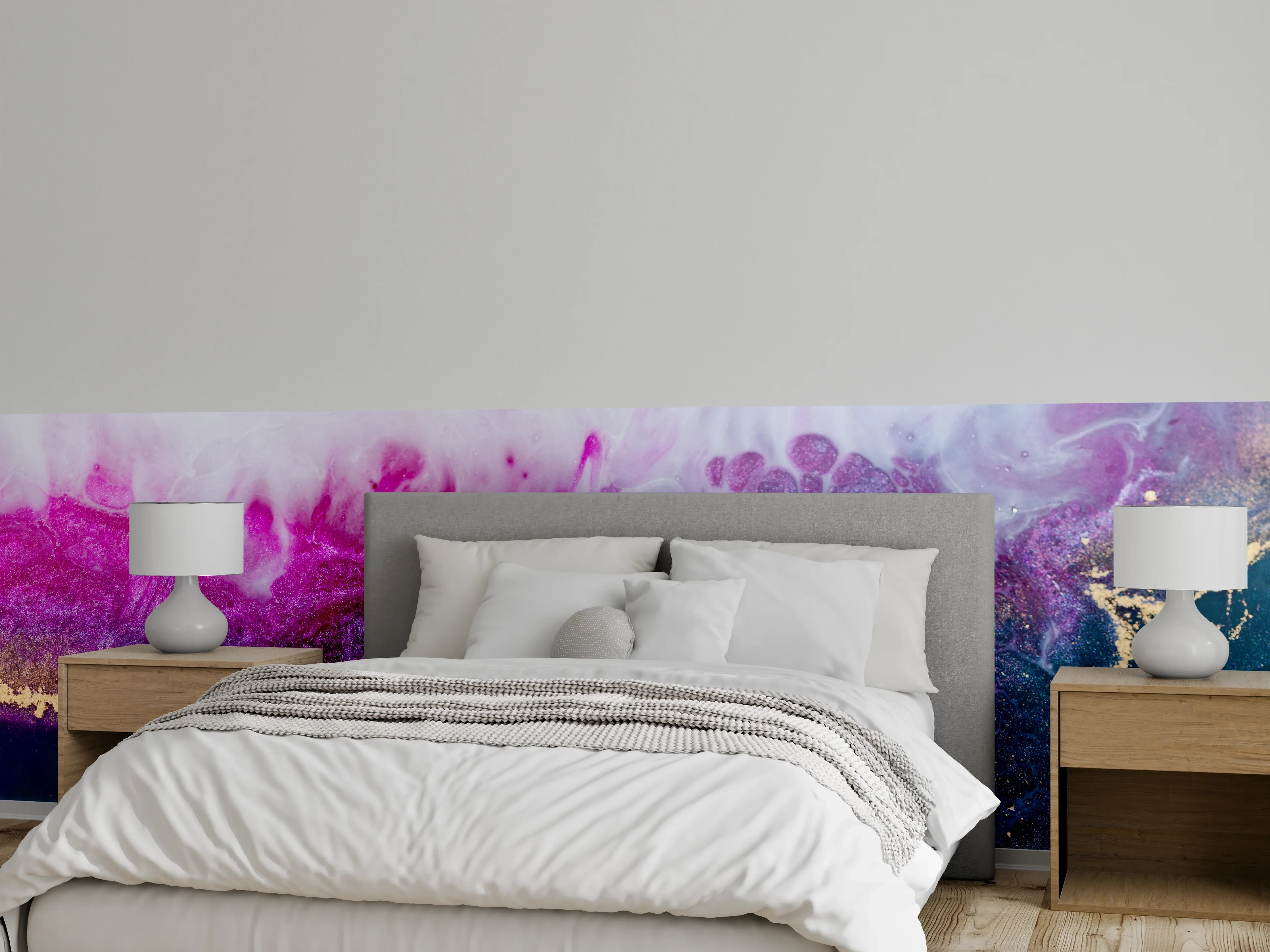Wandverkleidung Schlafzimmer - Abstrakte Kunst: Lila, Gold & Schwarz