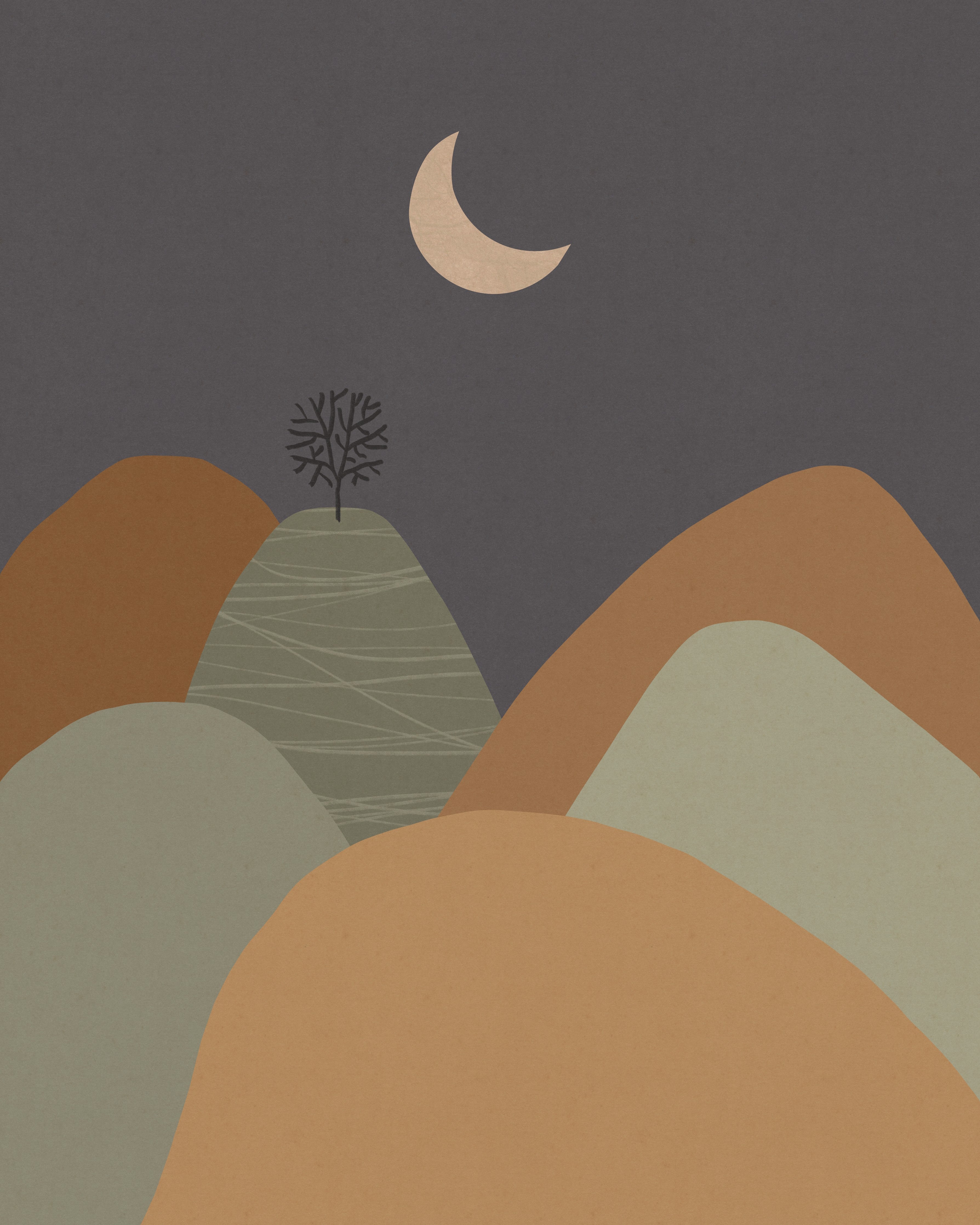 Wandverkleidung Schlafzimmer-Abstrakte Landschaft mit Halbmond