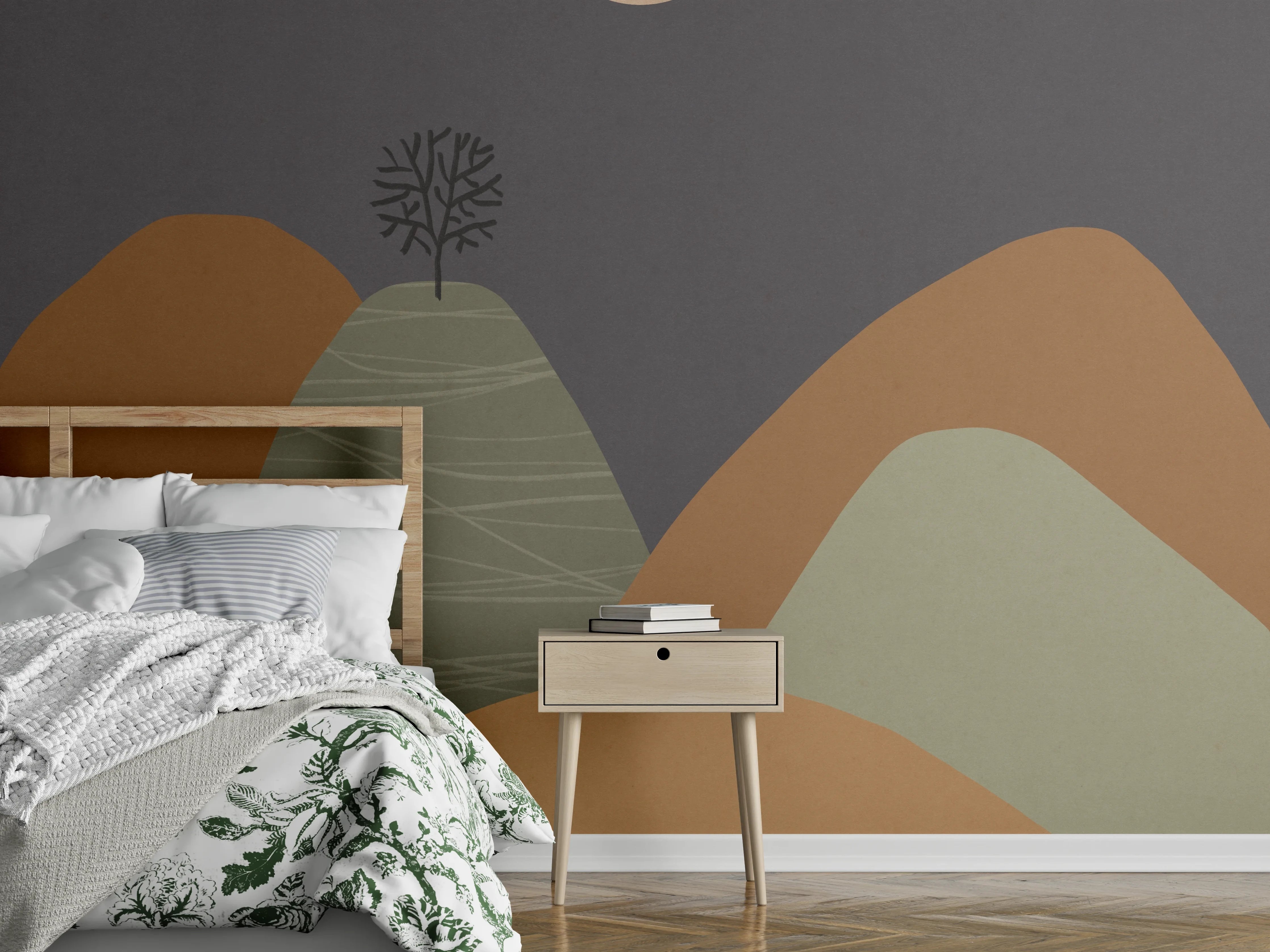 Wandverkleidung Schlafzimmer - Abstrakte Landschaft mit Halbmond