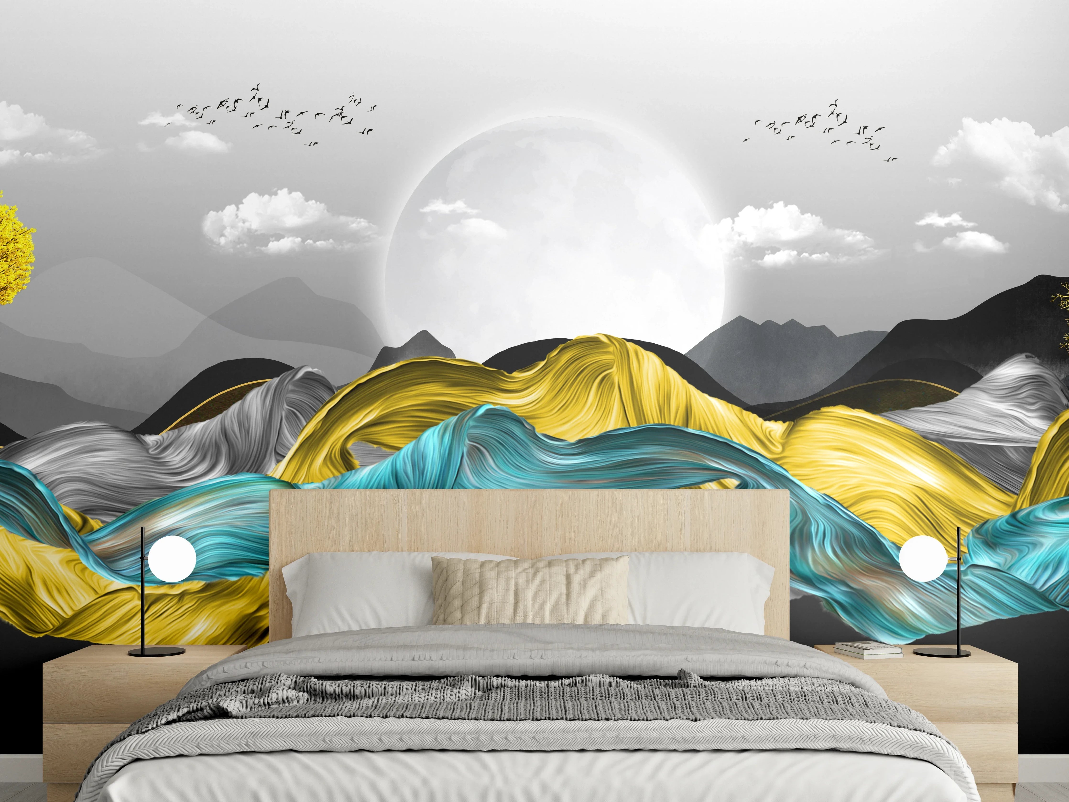Wandverkleidung Schlafzimmer - Abstrakte Landschaft mit goldenen Wellen