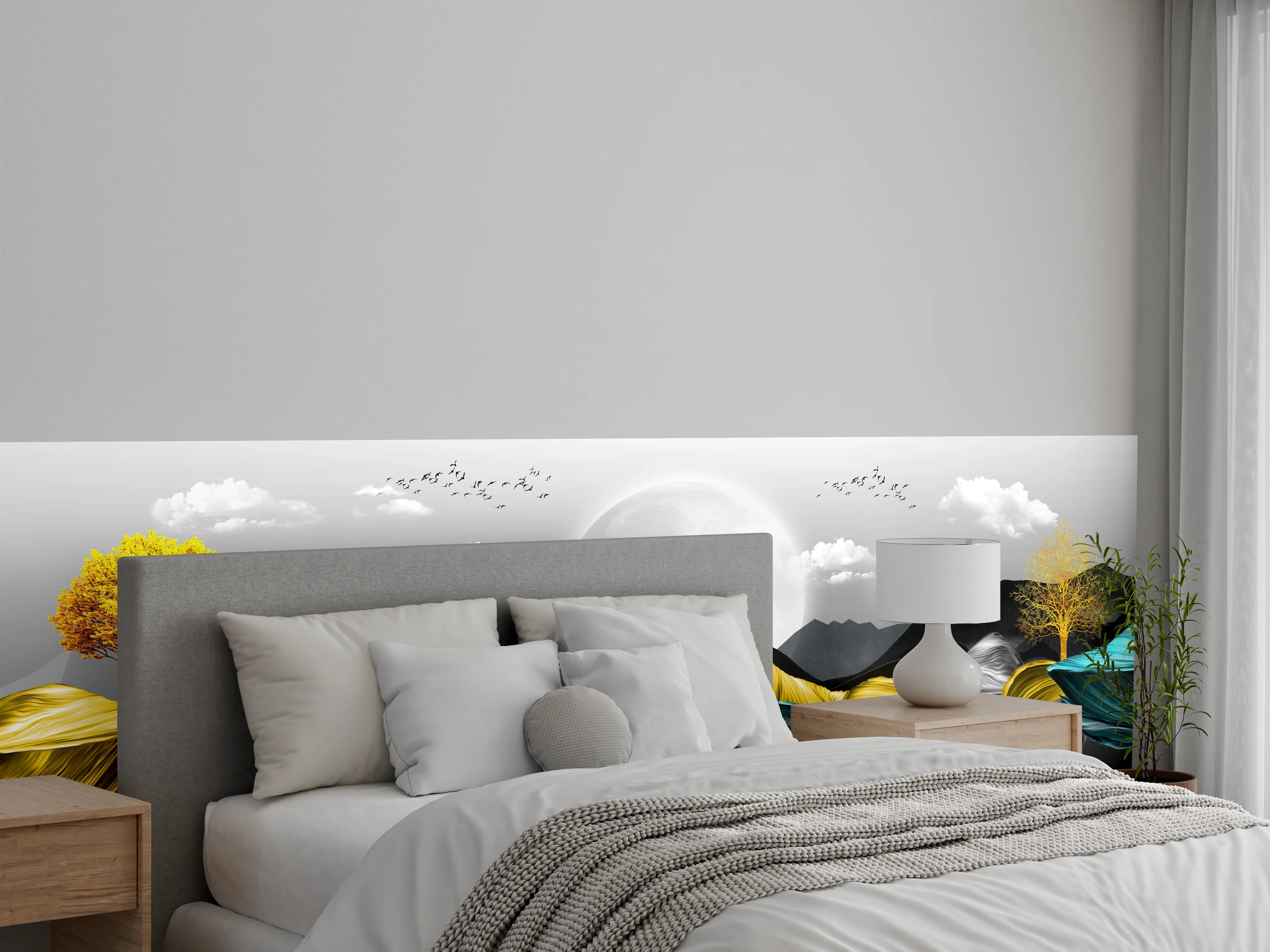 Wandverkleidung Schlafzimmer - Abstrakte Landschaft mit goldenen Wellen