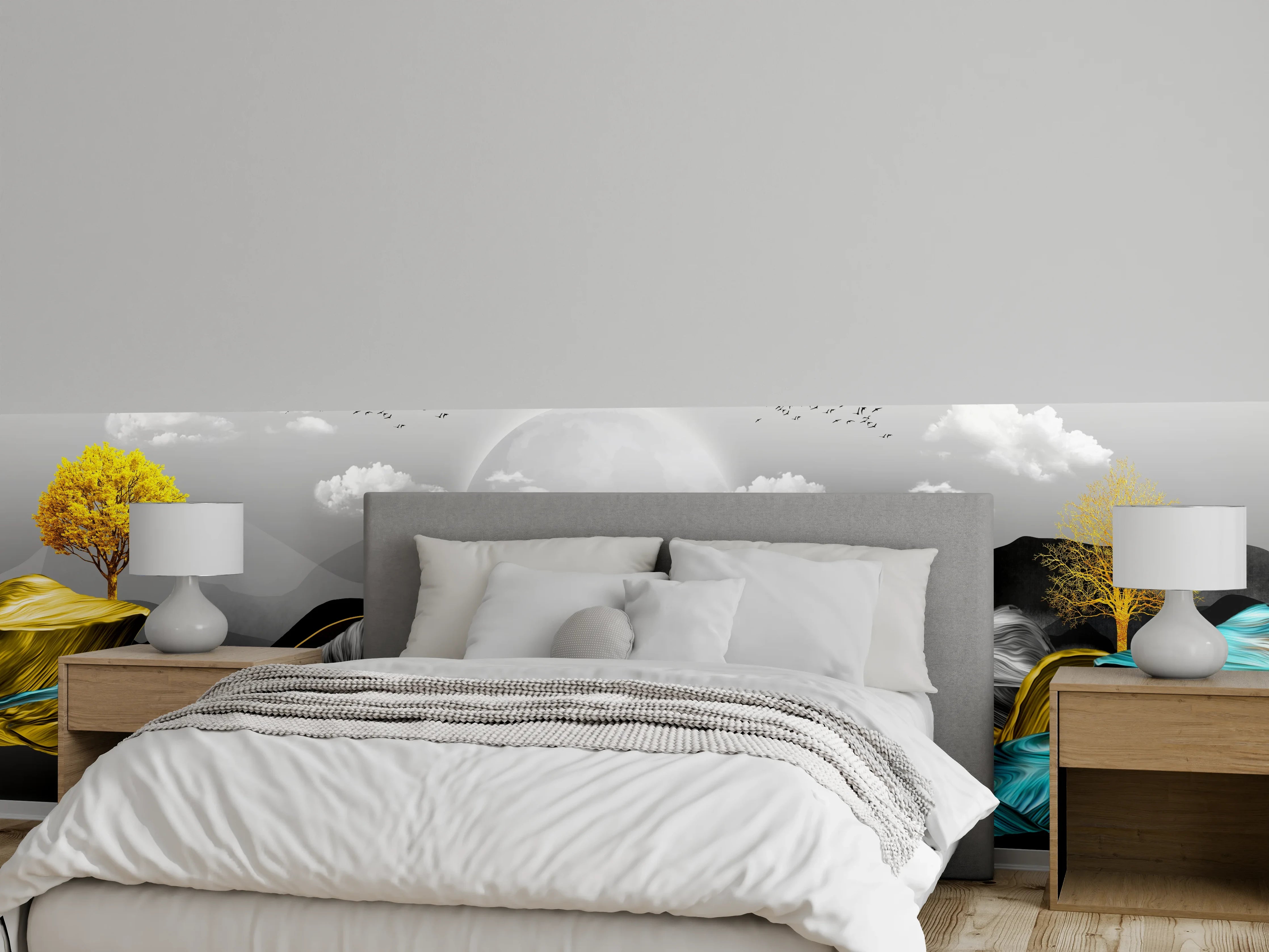 Wandverkleidung Schlafzimmer - Abstrakte Landschaft mit goldenen Wellen