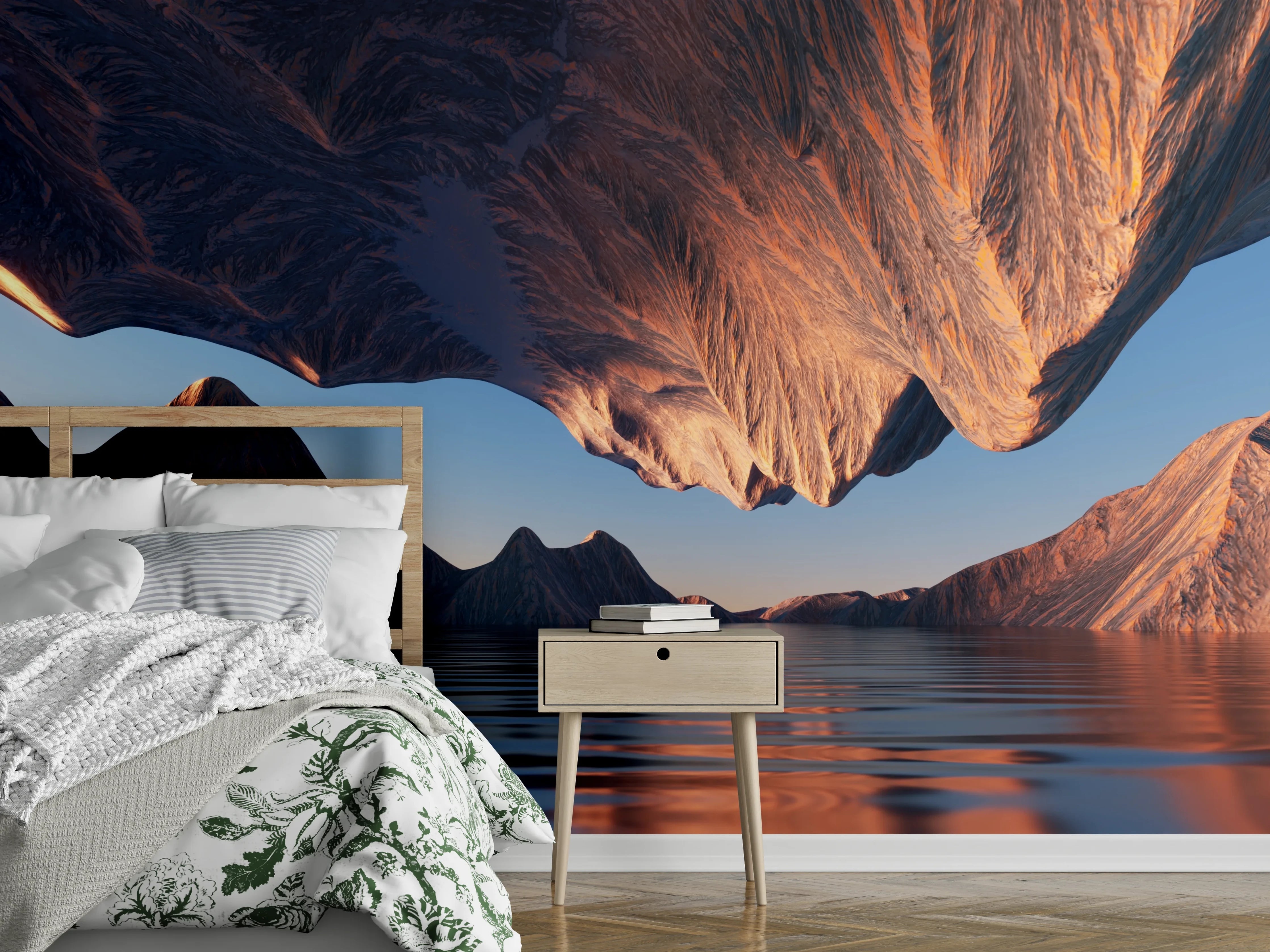Wandverkleidung Schlafzimmer - Abstrakte Landschaft, Wasser und Berge