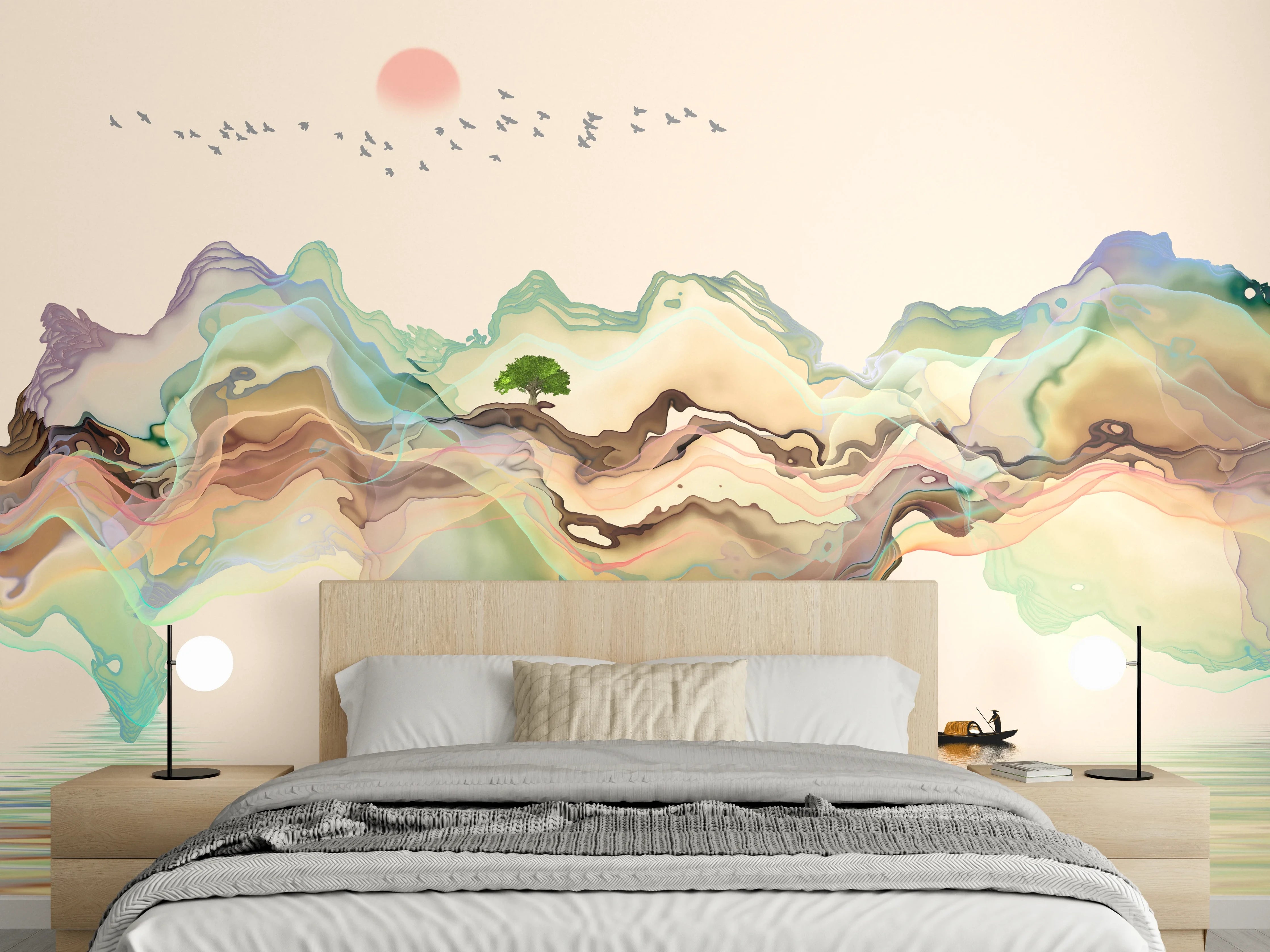 Wandverkleidung Schlafzimmer - Abstrakte Landschafts Illustration