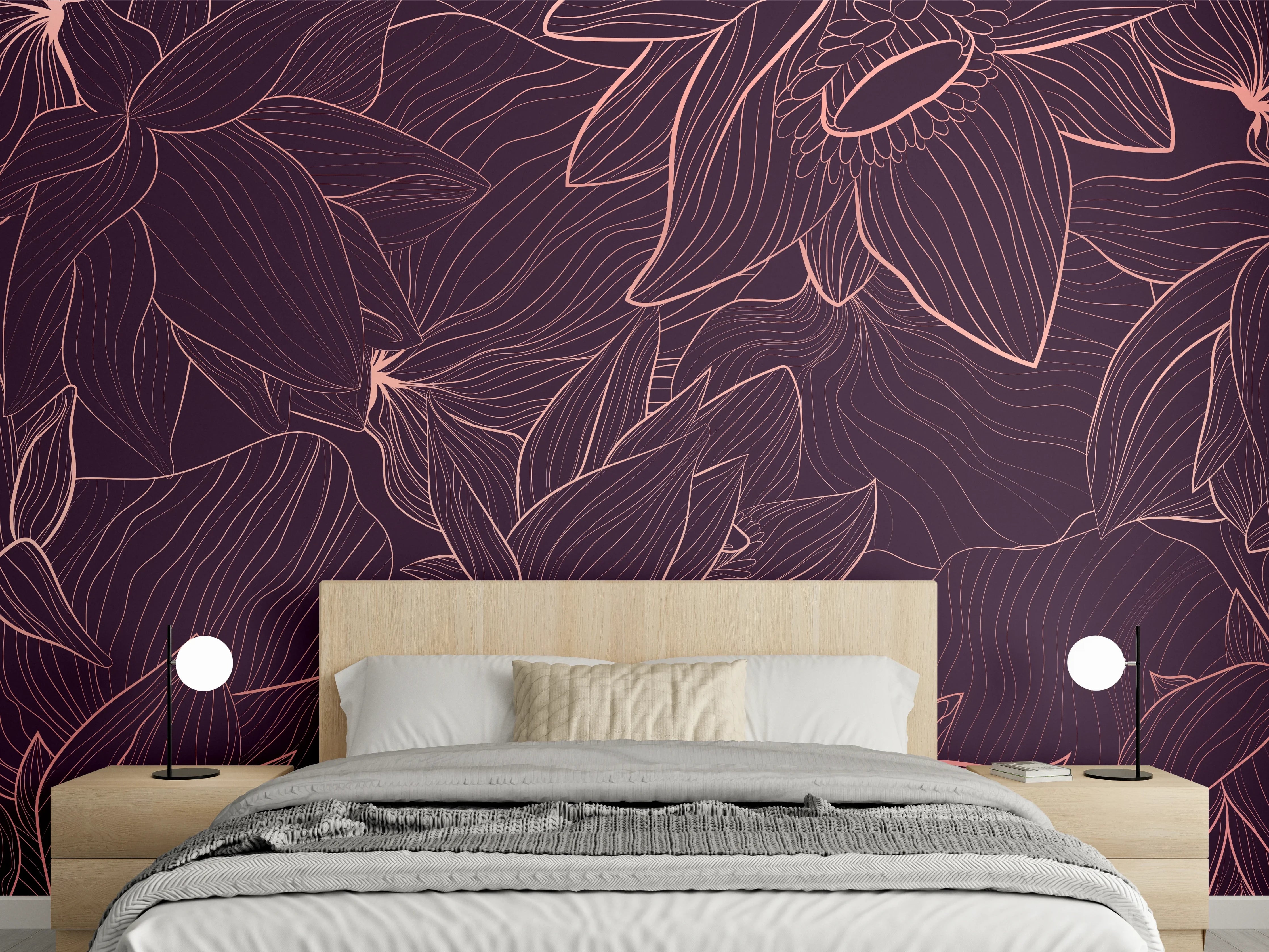 Wandverkleidung Schlafzimmer - Abstrakte Lila Blumenlinien