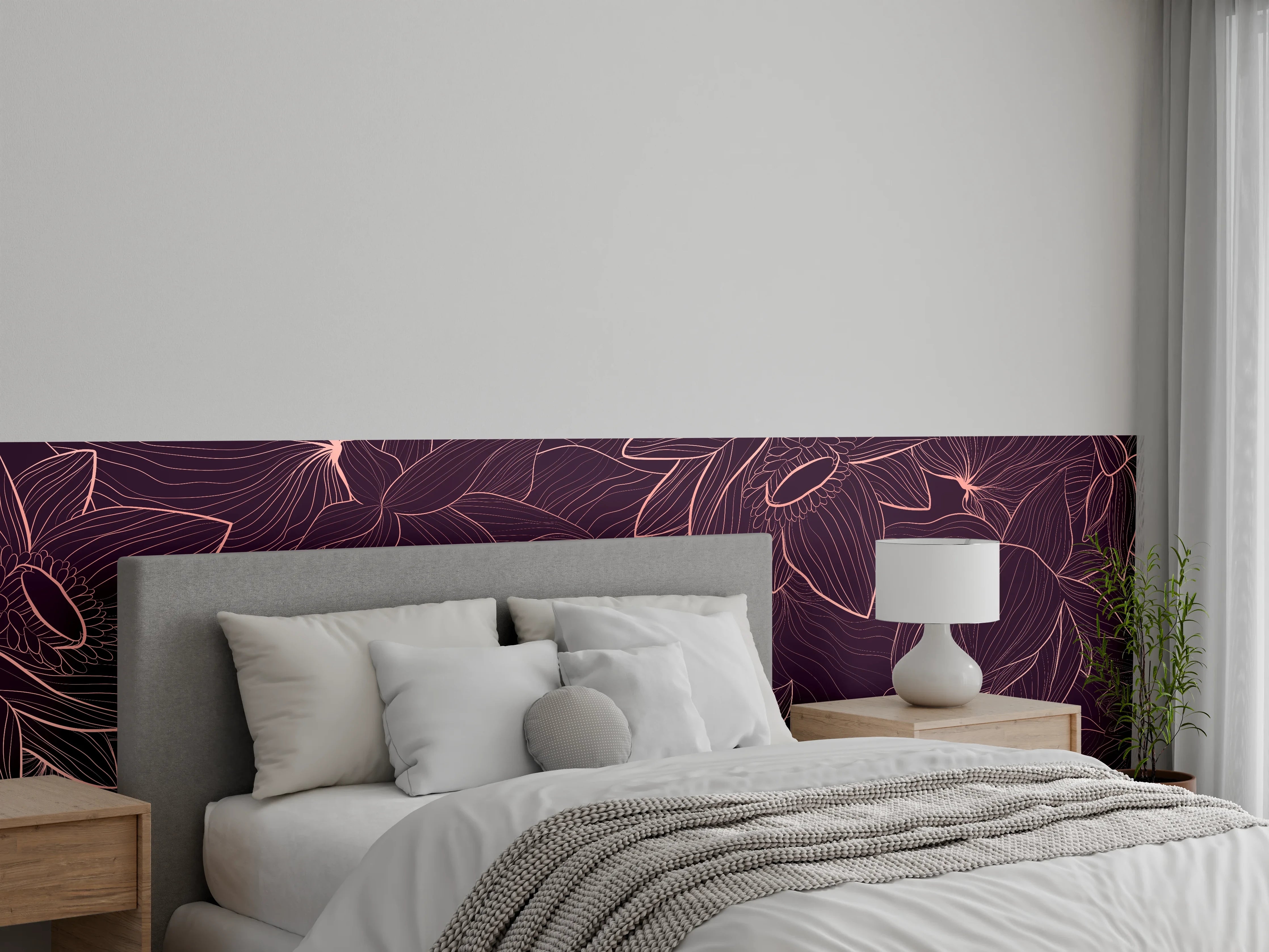 Wandverkleidung Schlafzimmer - Abstrakte Lila Blumenlinien