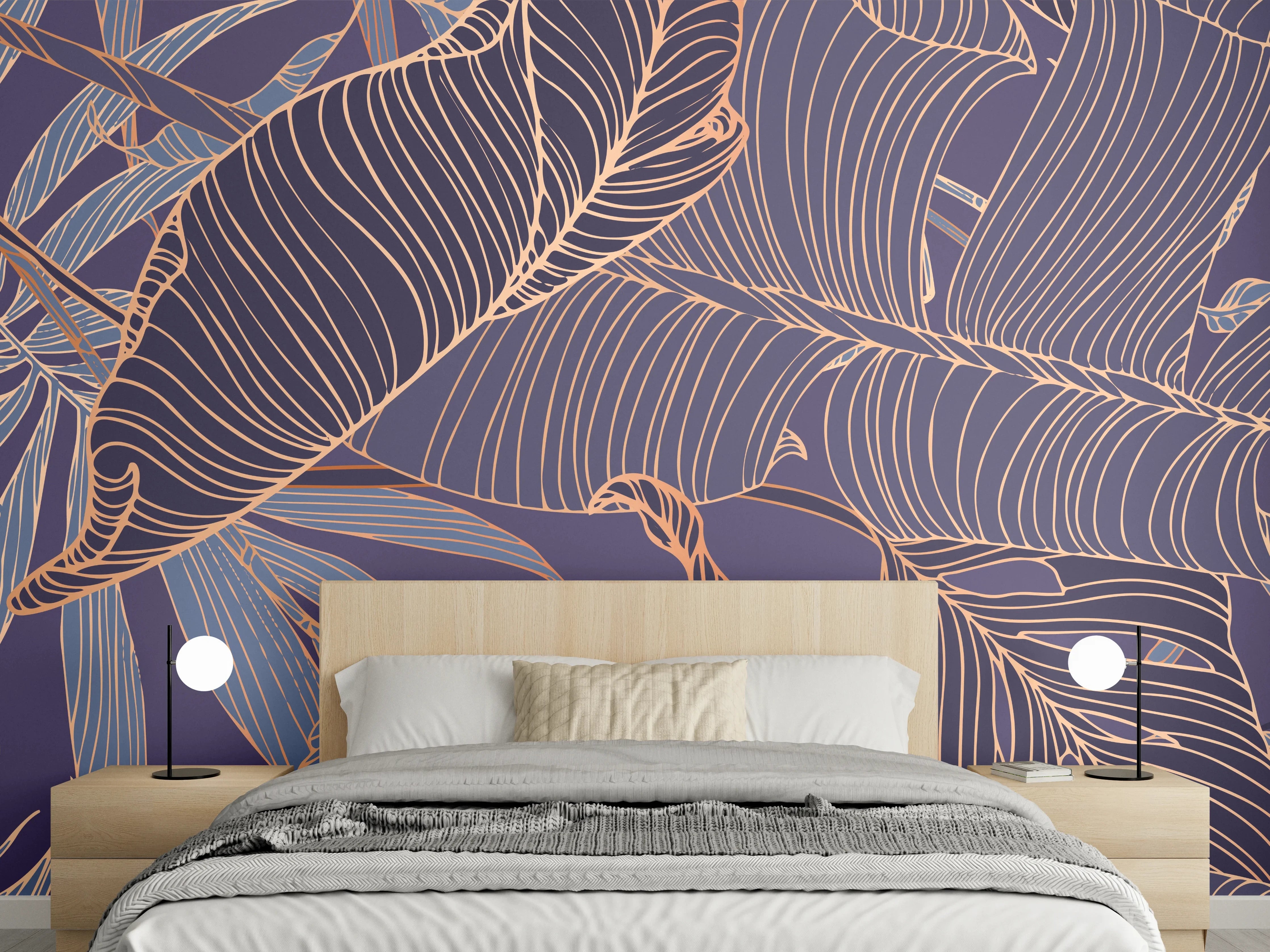Wandverkleidung Schlafzimmer - Abstrakte Lila-Goldene Blattmuster
