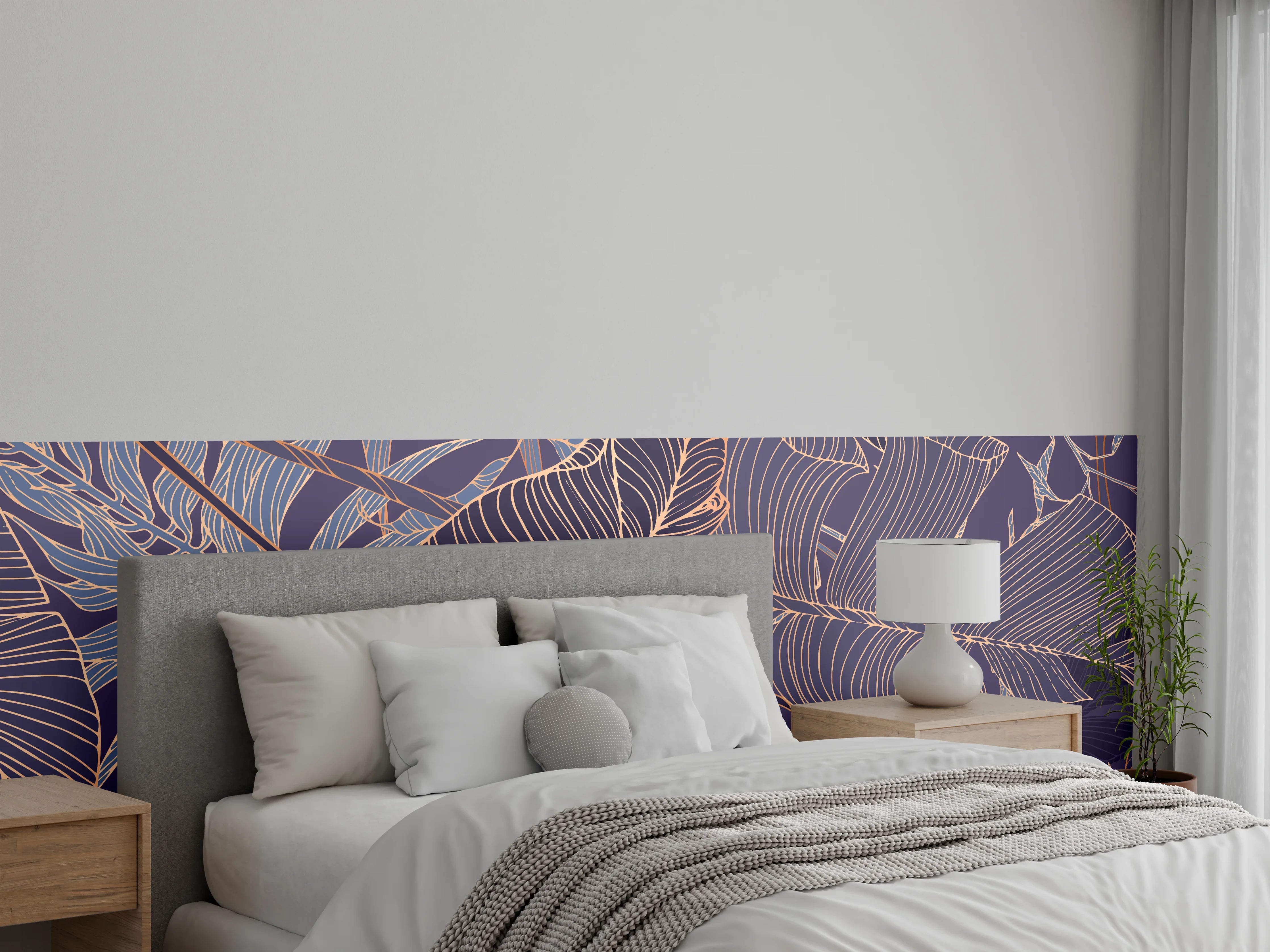 Wandverkleidung Schlafzimmer - Abstrakte Lila-Goldene Blattmuster
