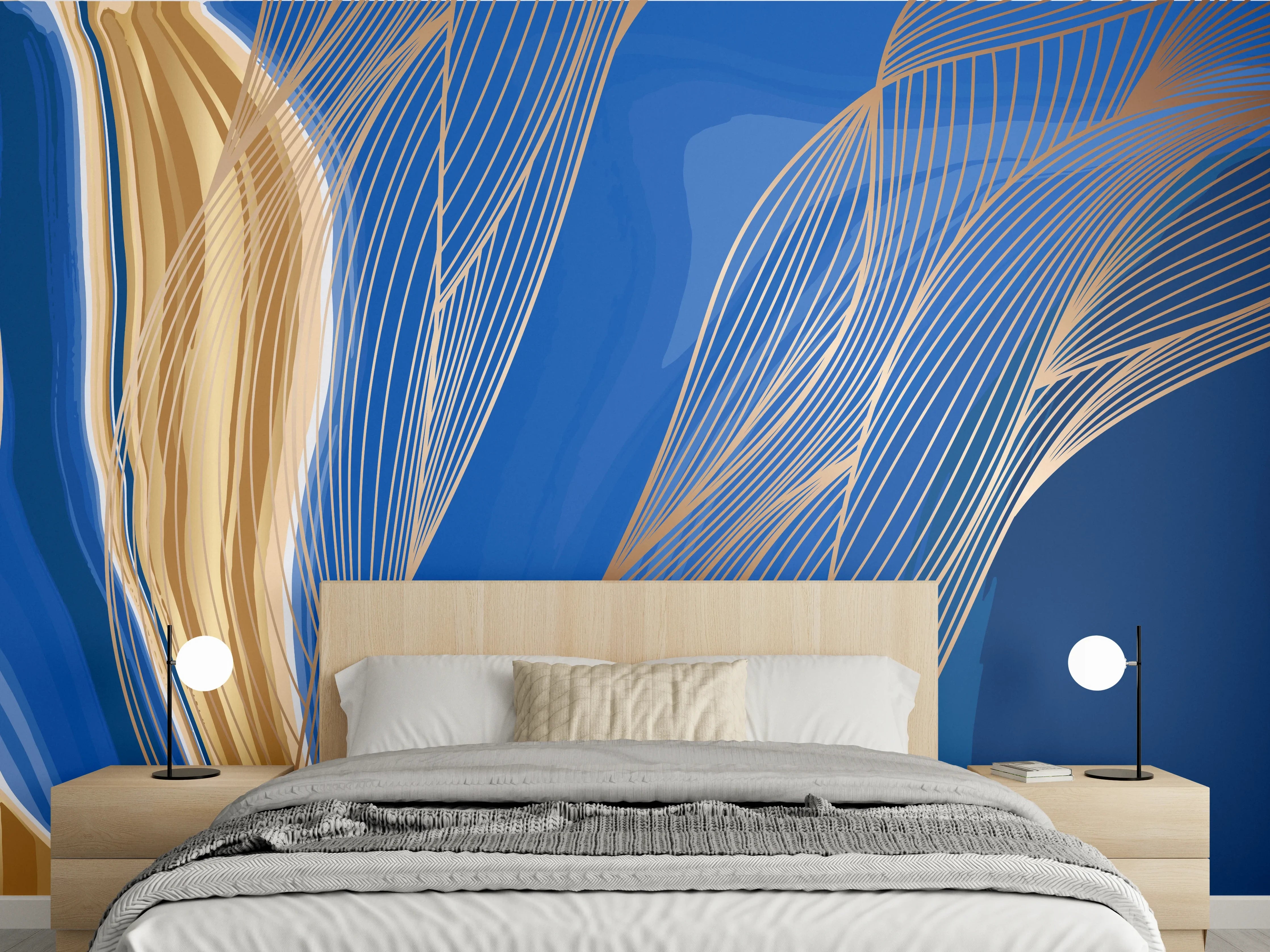 Wandverkleidung Schlafzimmer - Abstrakte Linienkunst in Blau-Gold