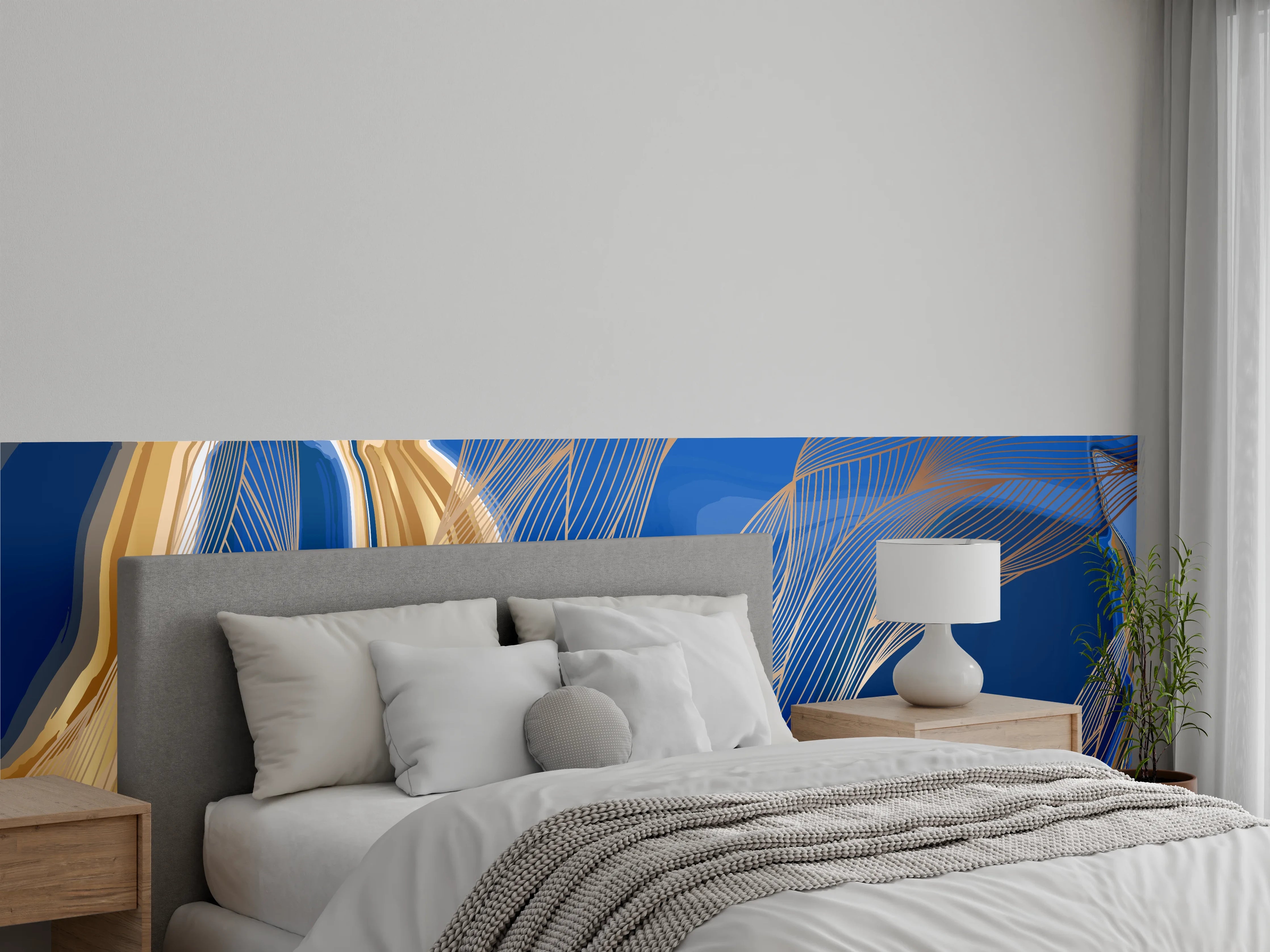 Wandverkleidung Schlafzimmer - Abstrakte Linienkunst in Blau-Gold