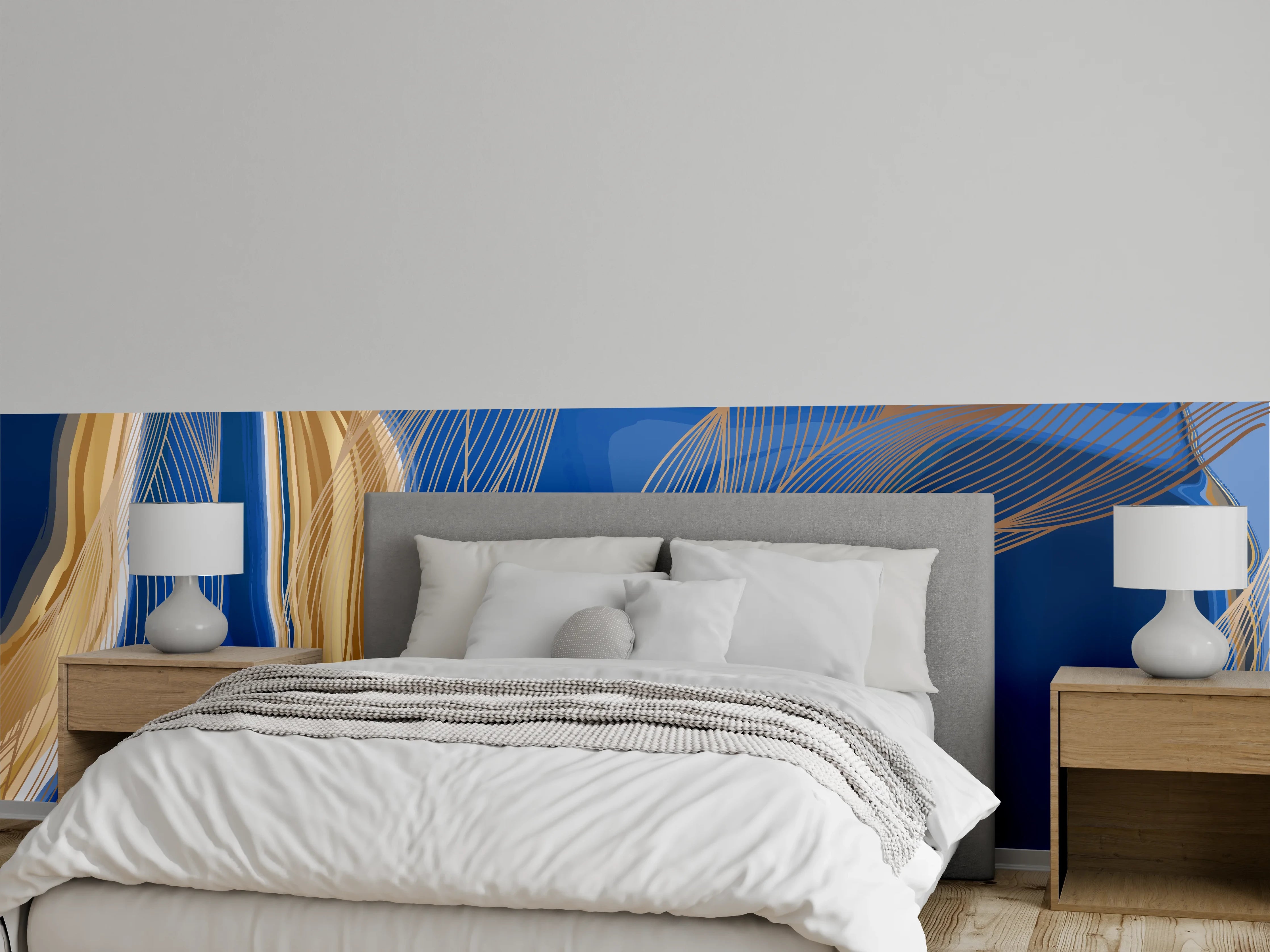 Wandverkleidung Schlafzimmer - Abstrakte Linienkunst in Blau-Gold