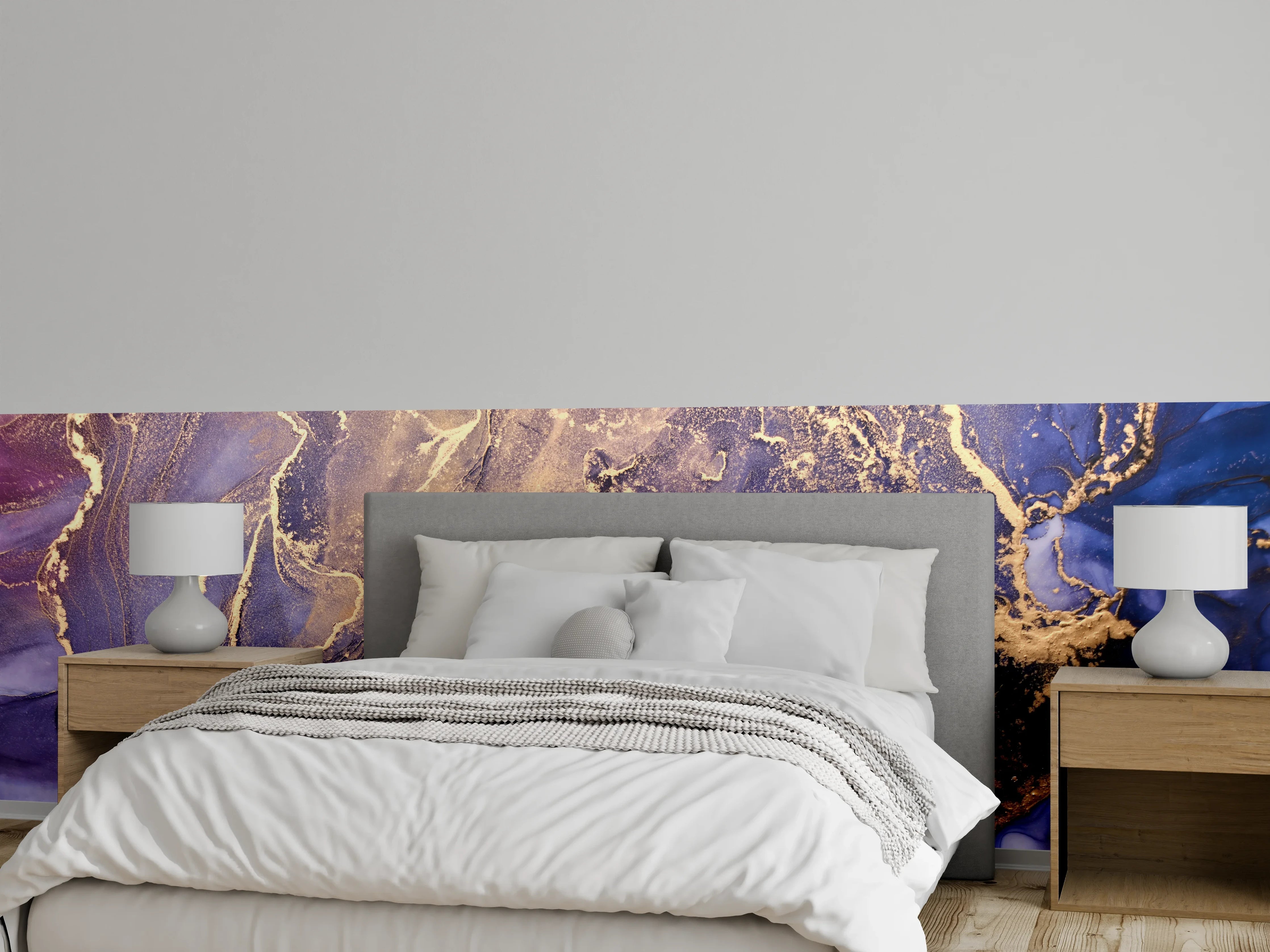 Wandverkleidung Schlafzimmer - Abstrakte Malerei in Blau-Gold