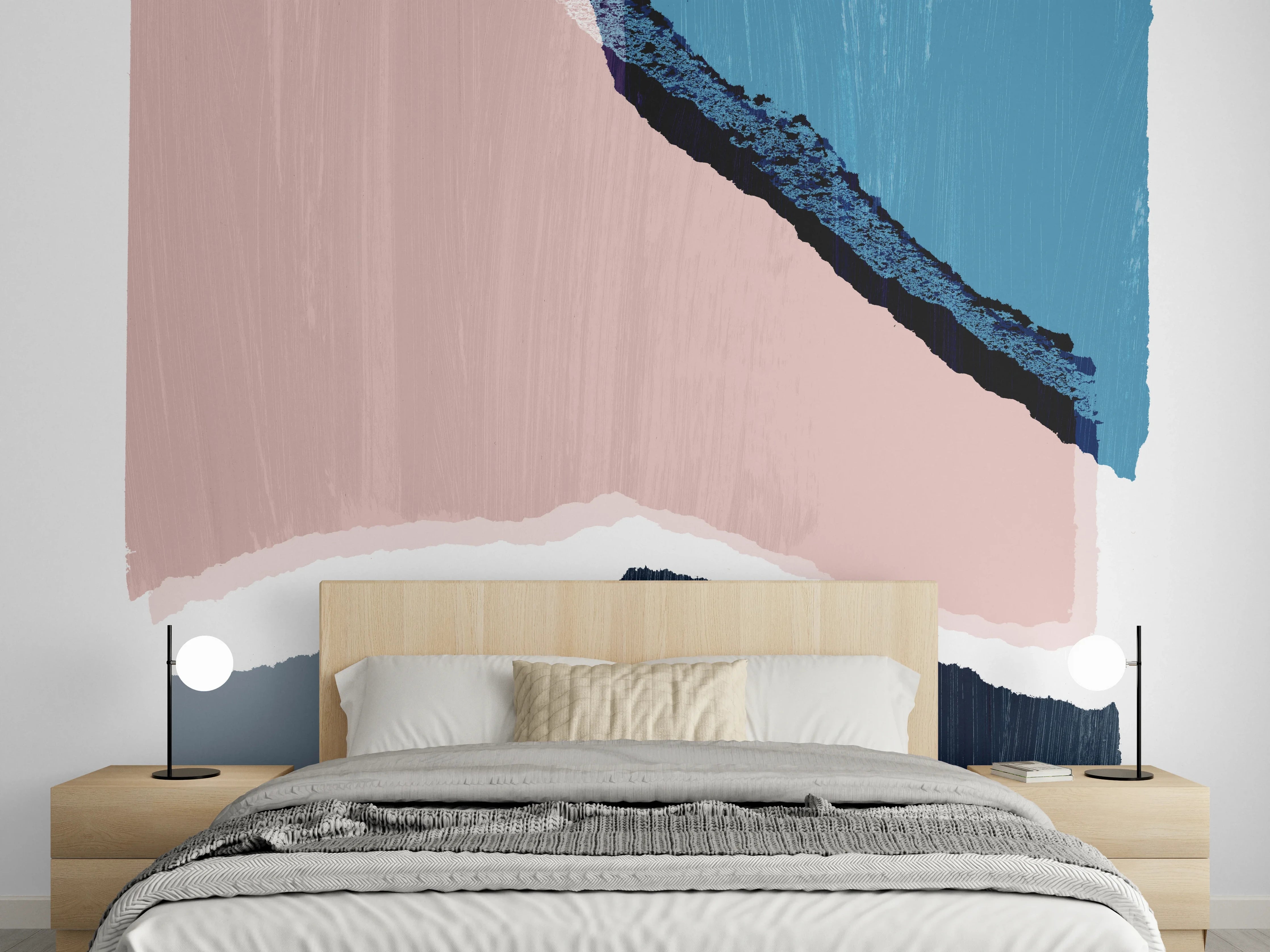 Wandverkleidung Schlafzimmer - Abstrakte Malerei in Blau und Rosé