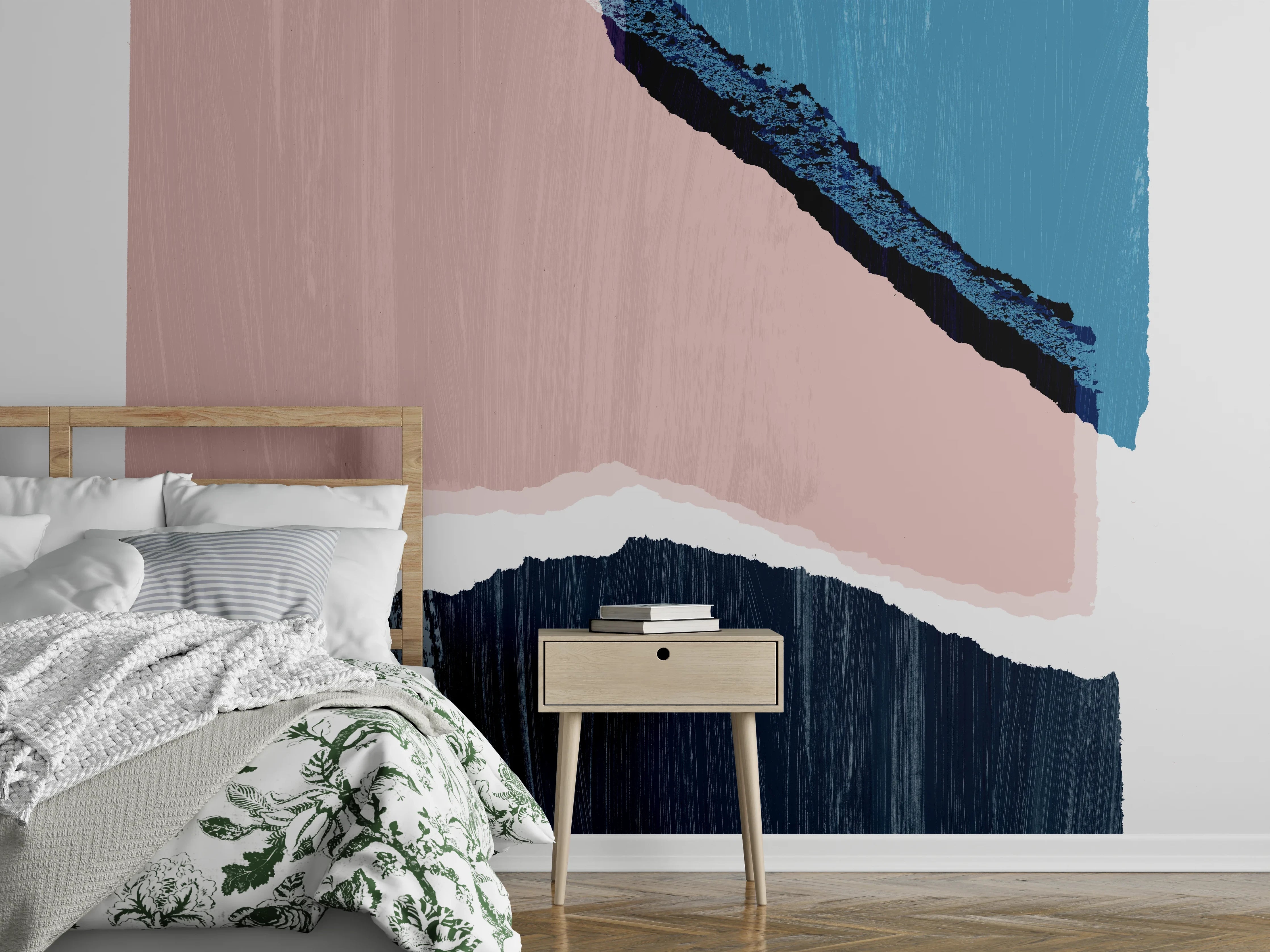 Wandverkleidung Schlafzimmer - Abstrakte Malerei in Blau und Rosé