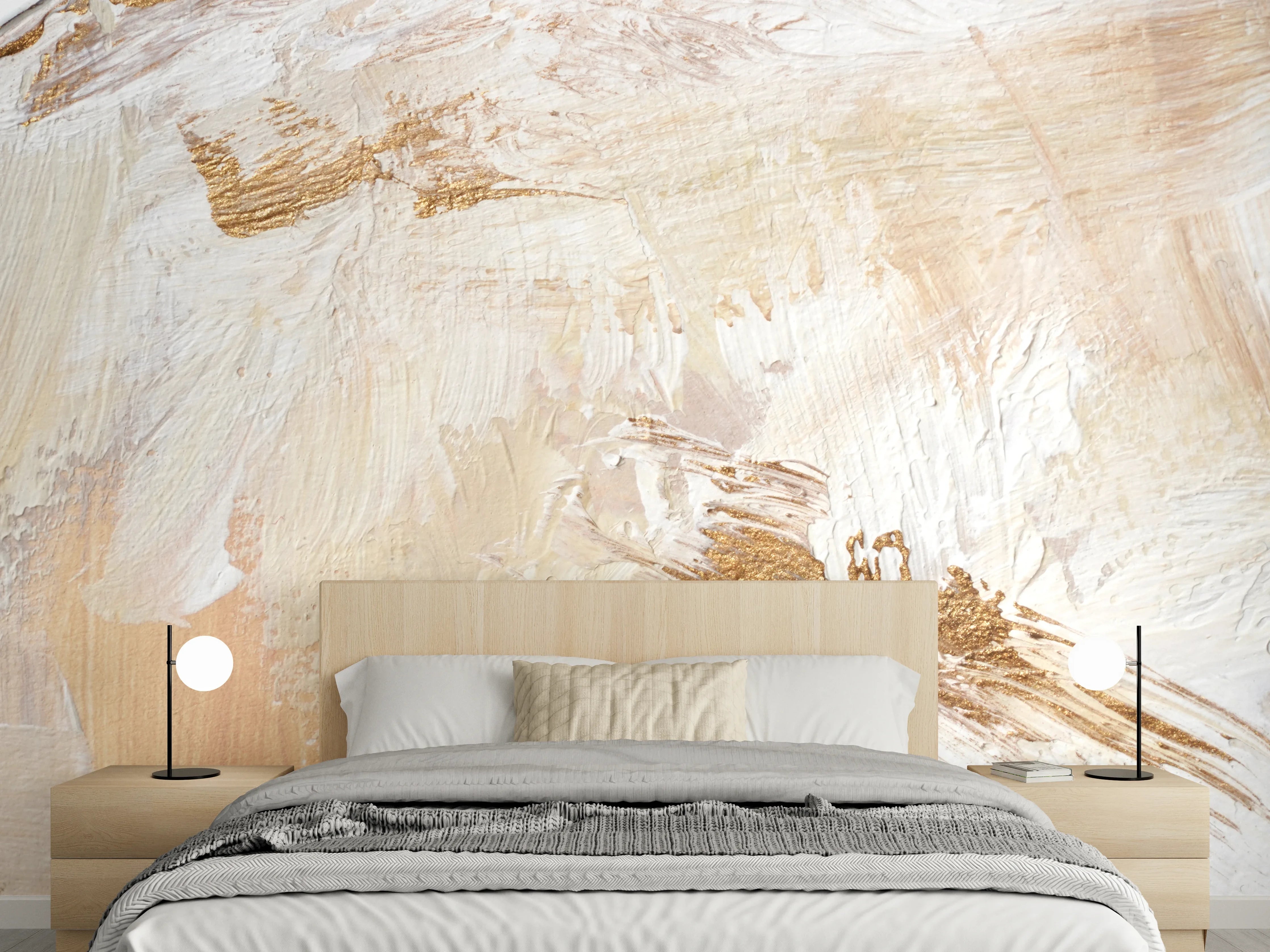 Wandverkleidung Schlafzimmer - Abstrakte Malerei in Weiß und Gold