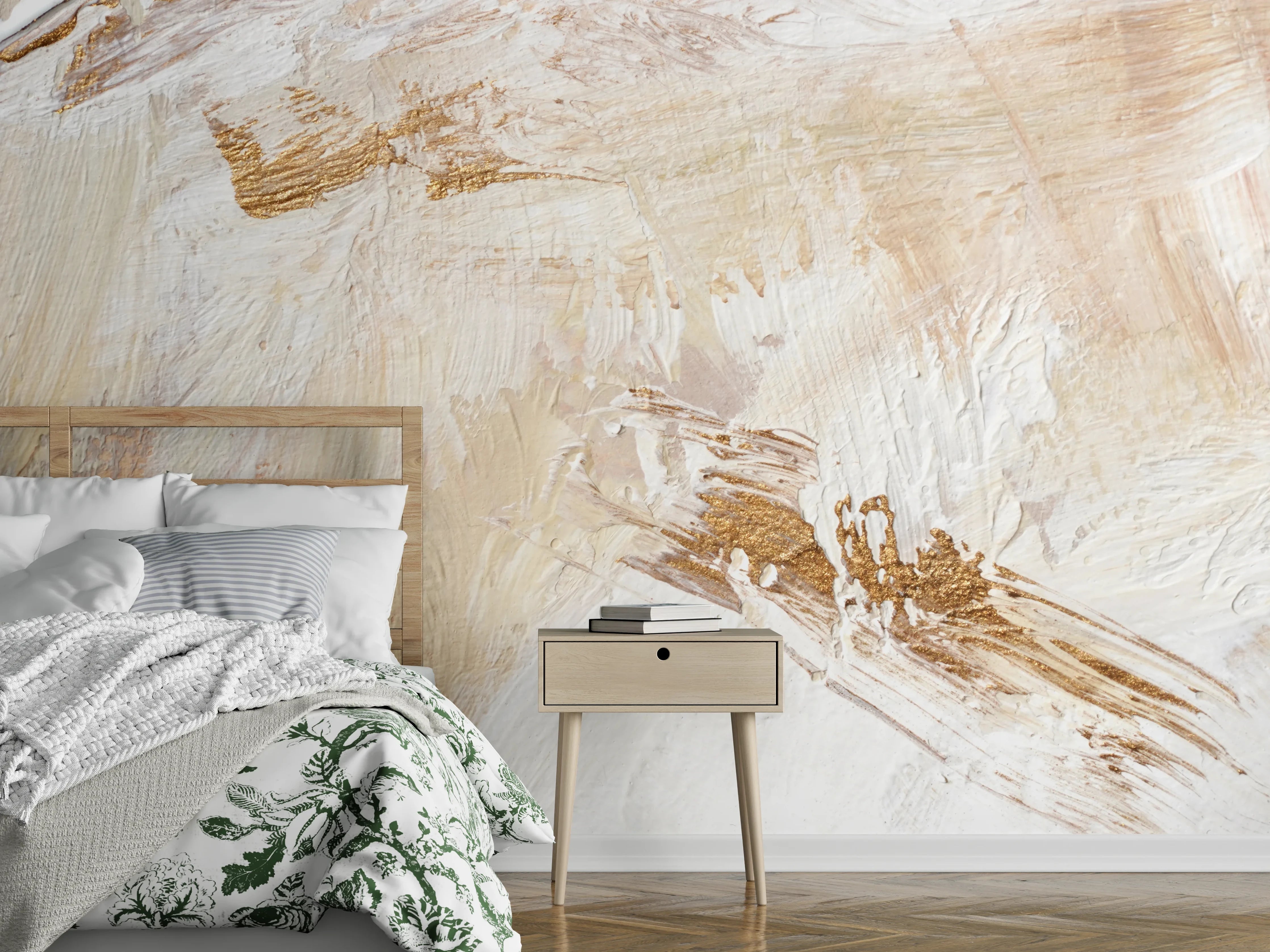 Wandverkleidung Schlafzimmer - Abstrakte Malerei in Weiß und Gold