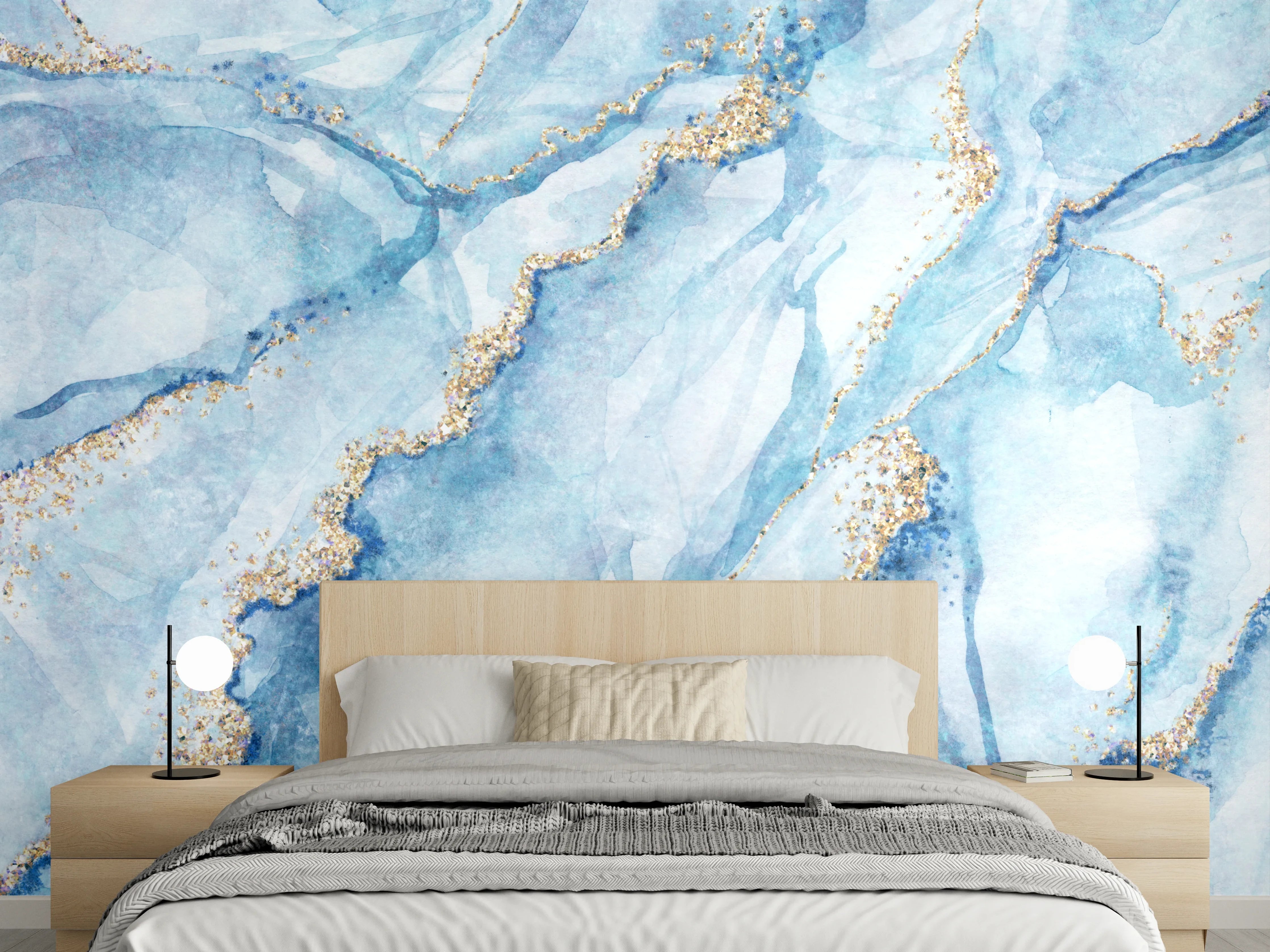 Wandverkleidung Schlafzimmer - Abstrakte Marmor-Optik in Blau und Gold