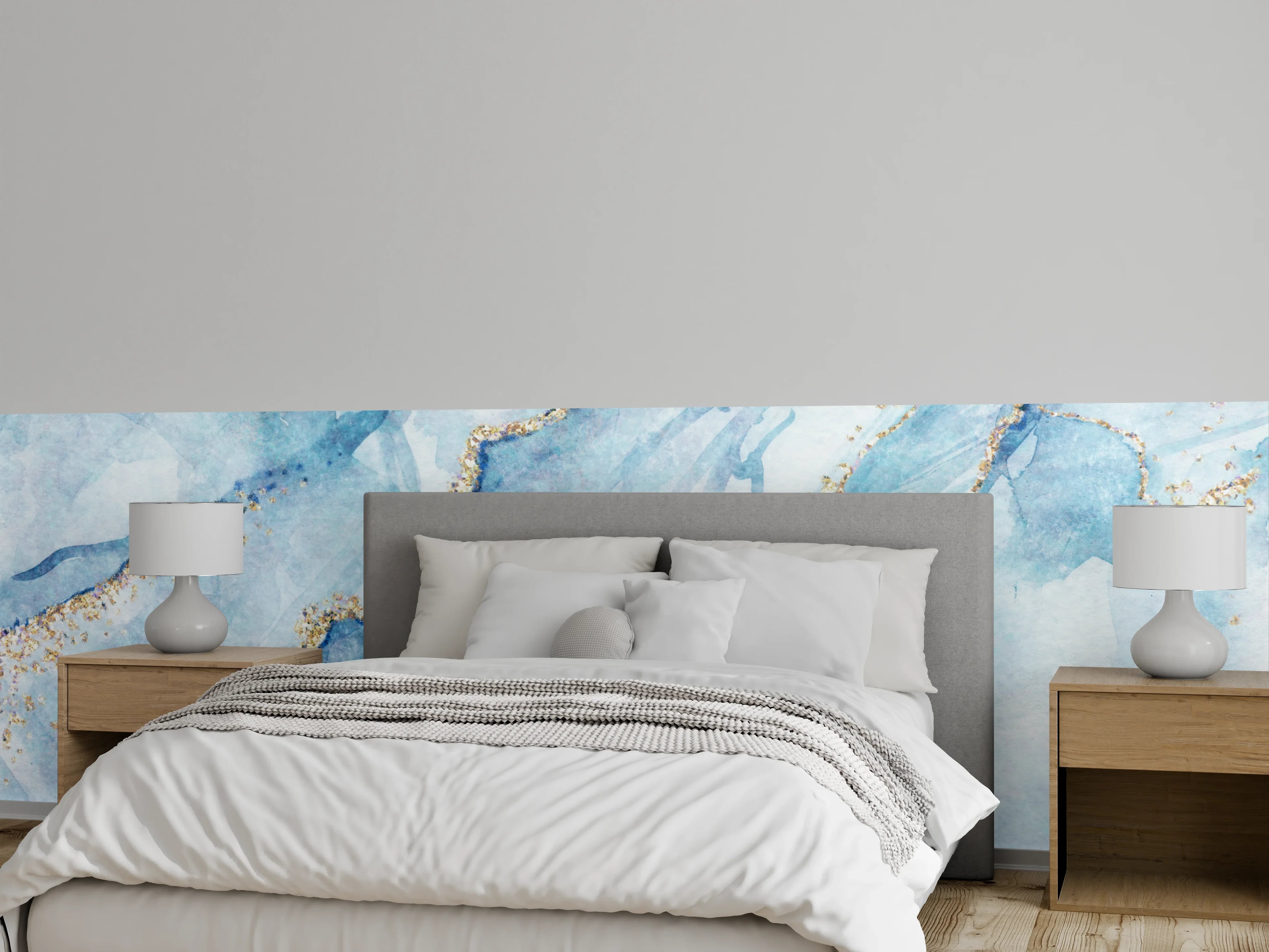 Wandverkleidung Schlafzimmer - Abstrakte Marmor-Optik in Blau und Gold