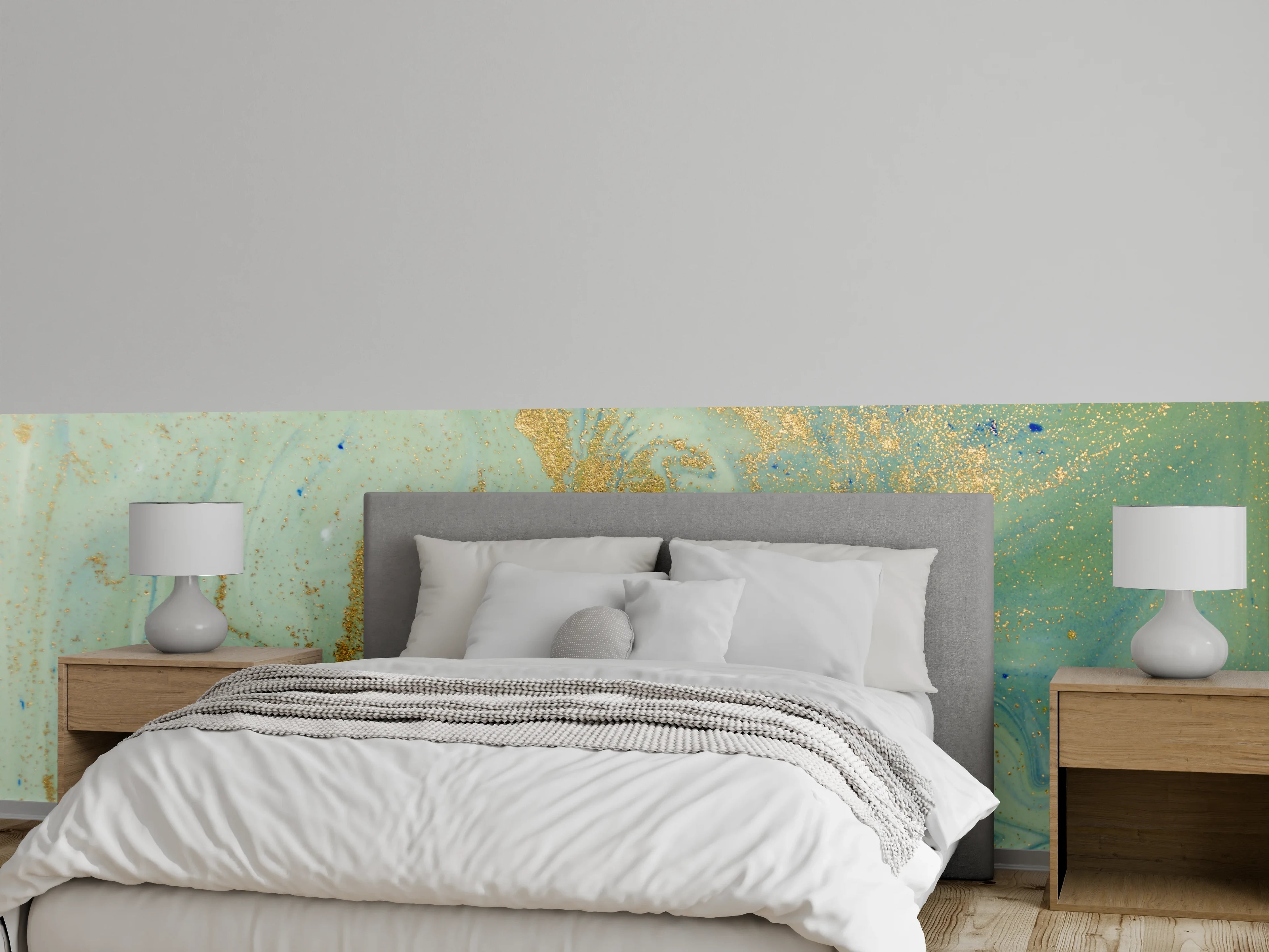 Wandverkleidung Schlafzimmer - Abstrakte Marmor-Optik in Gold und Türkis