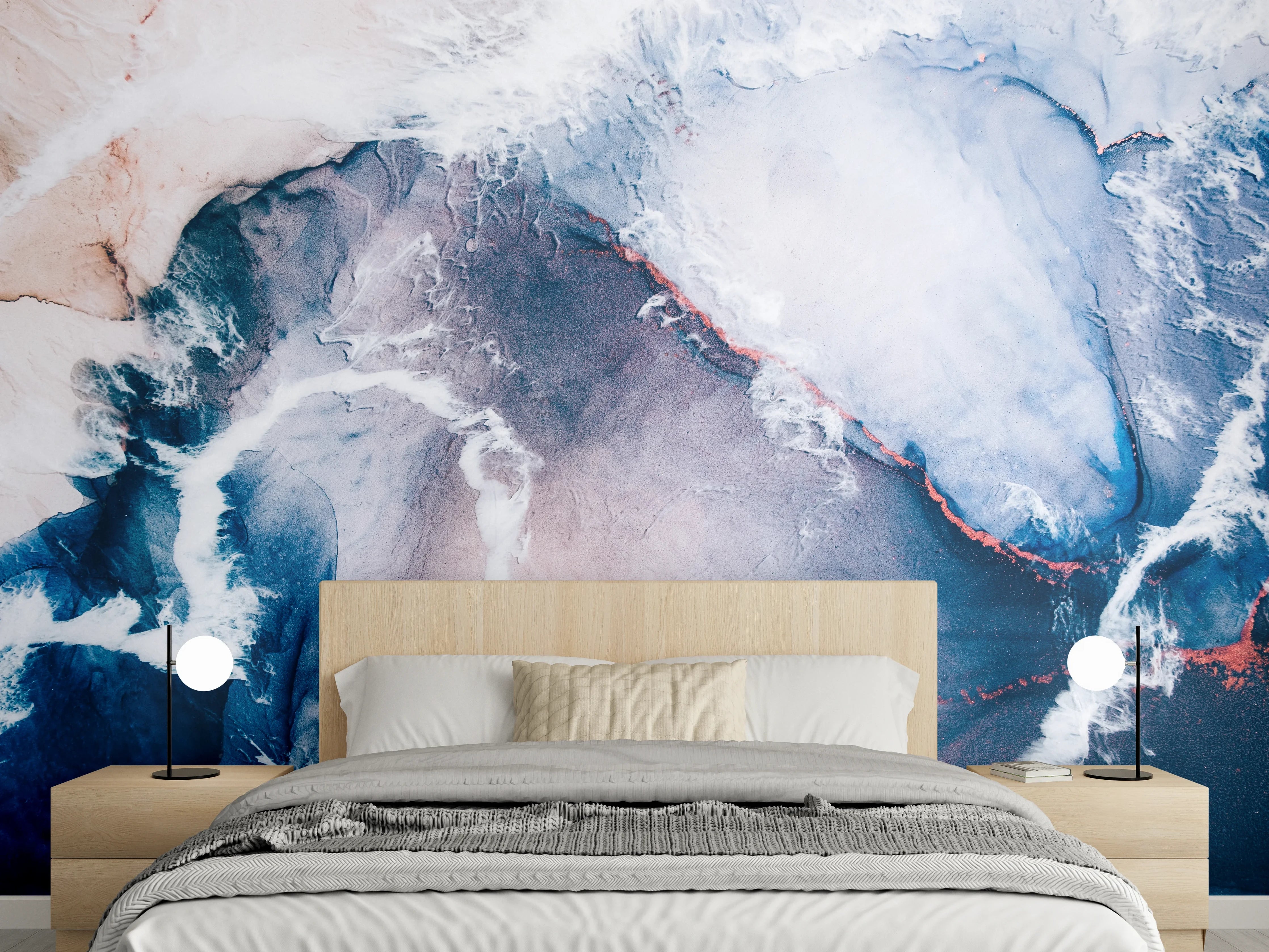 Wandverkleidung Schlafzimmer - Abstrakte Marmorkunst in Blau-Weiß