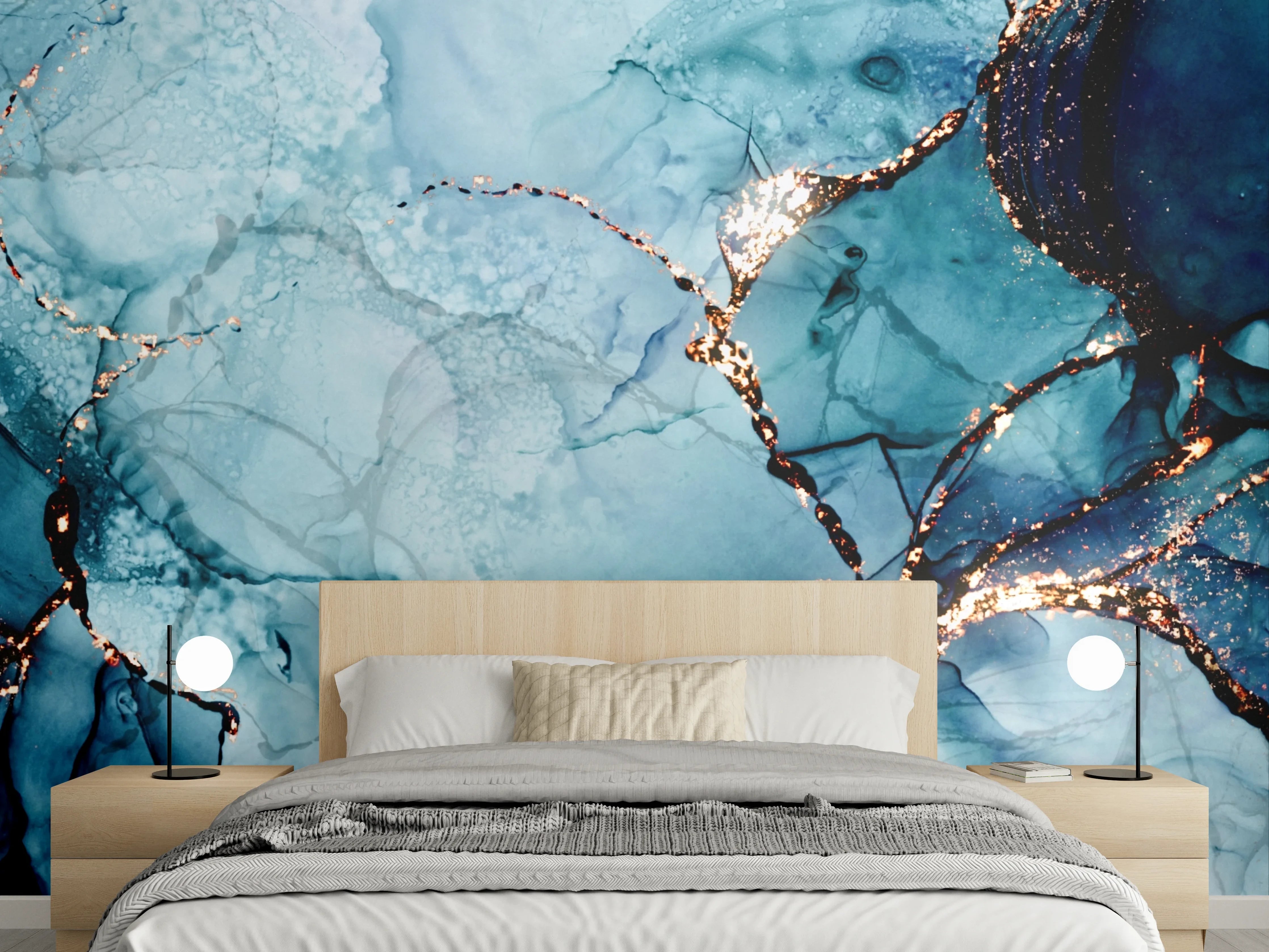 Wandverkleidung Schlafzimmer - Abstrakte Marmoroptik Blau-Gold Struktur