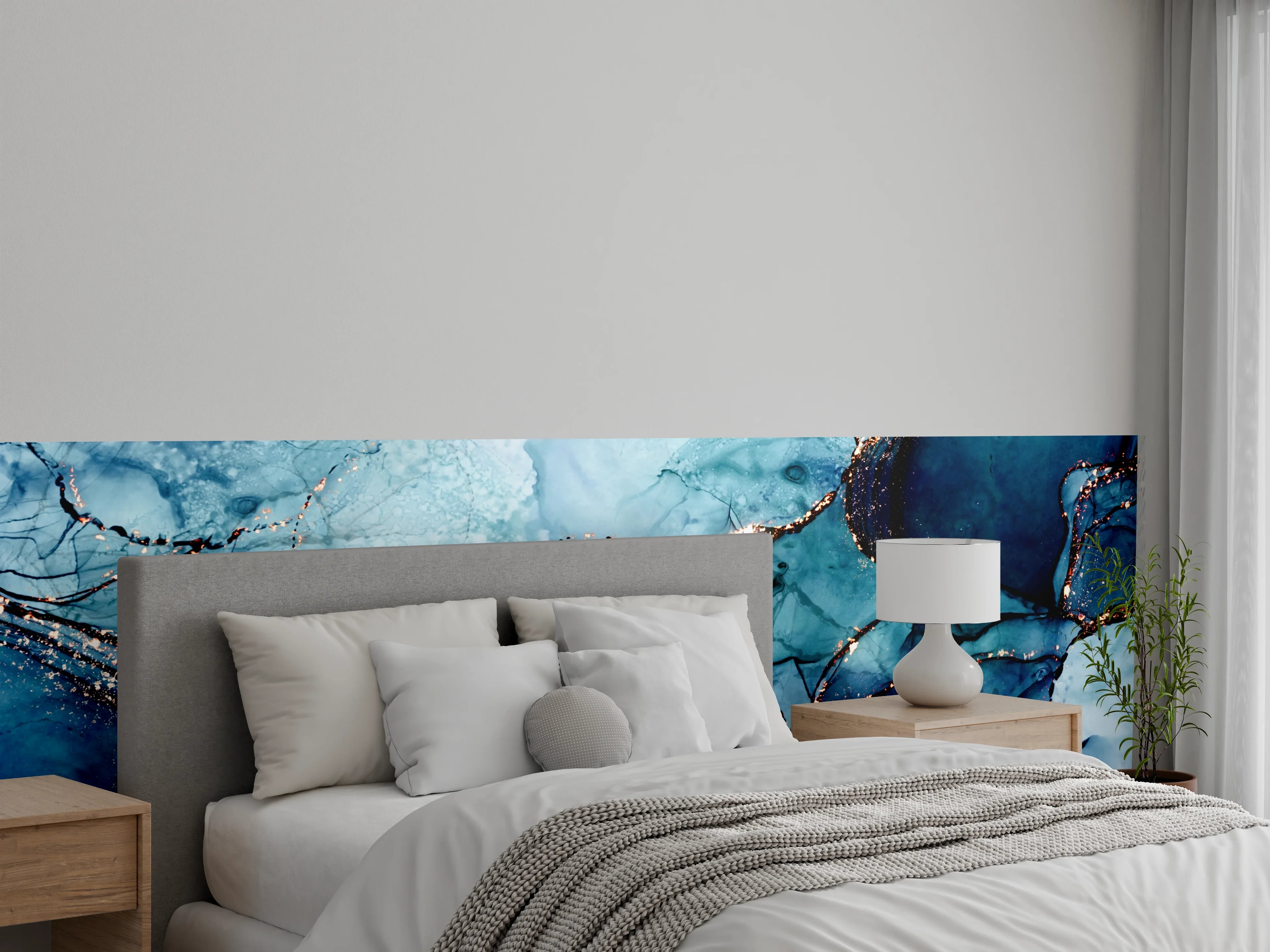 Wandverkleidung Schlafzimmer - Abstrakte Marmoroptik Blau-Gold Struktur