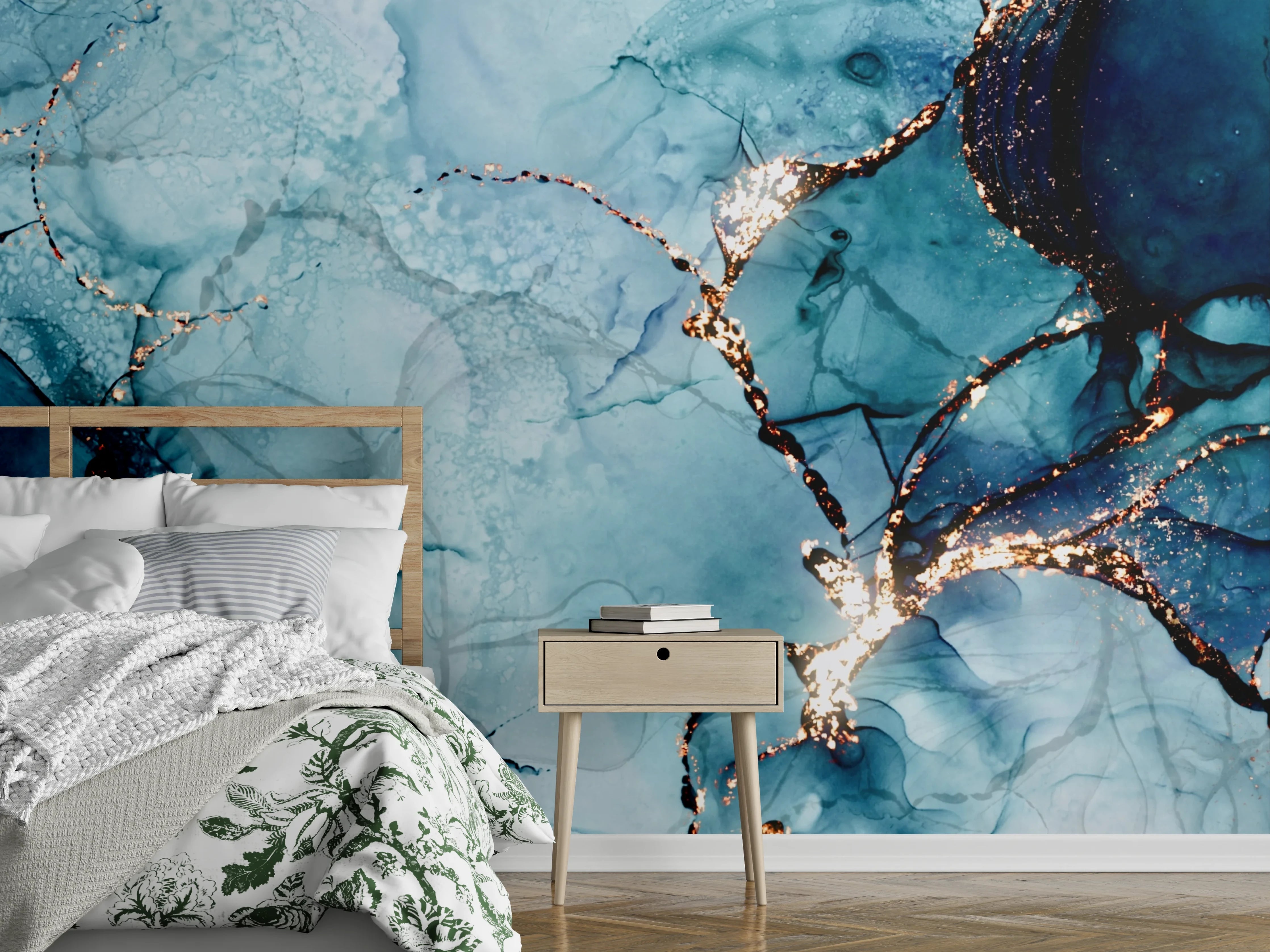 Wandverkleidung Schlafzimmer - Abstrakte Marmoroptik Blau-Gold Struktur