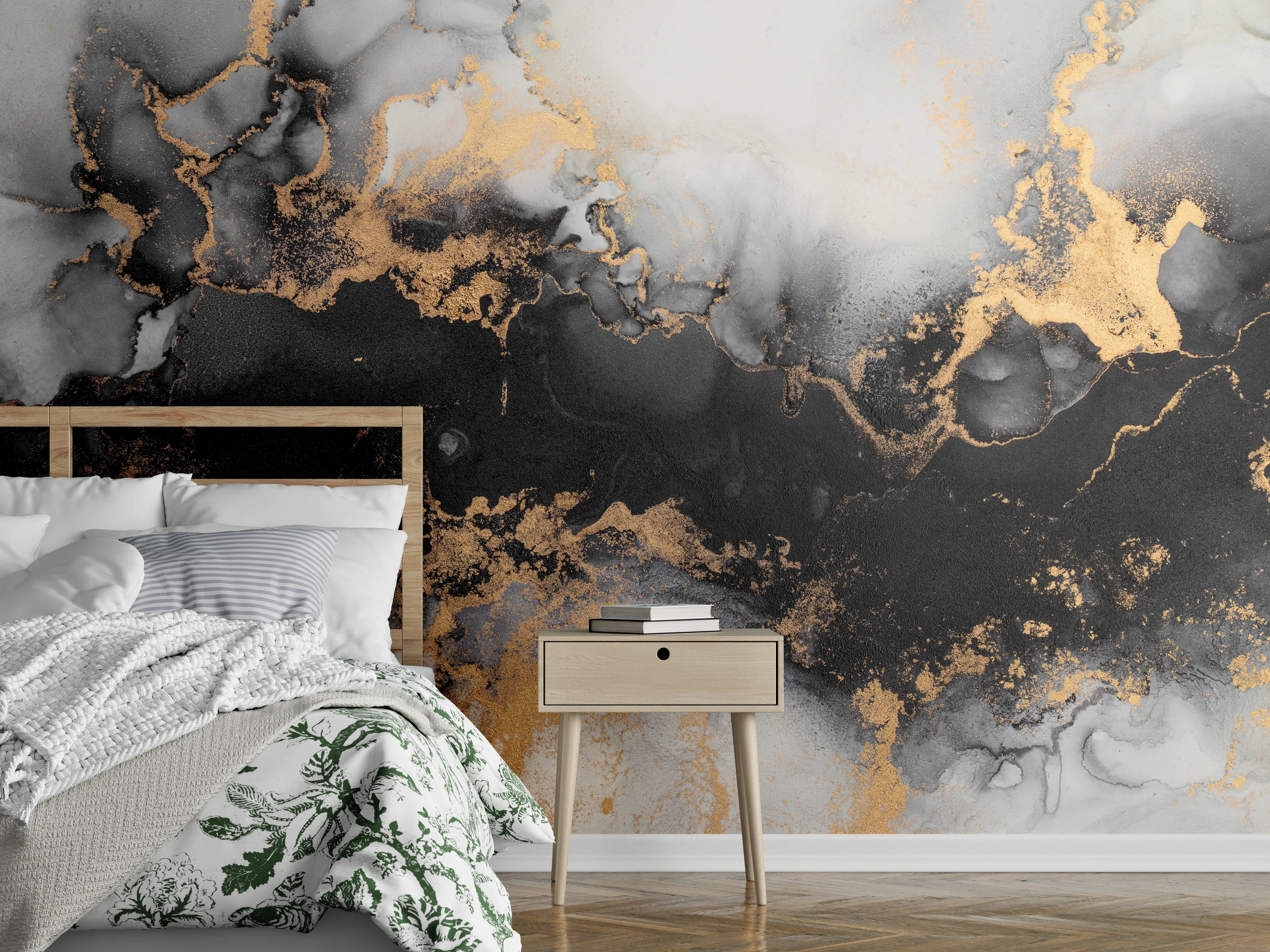 Wandverkleidung Schlafzimmer - Abstrakte Marmoroptik Schwarz Gold Weiß