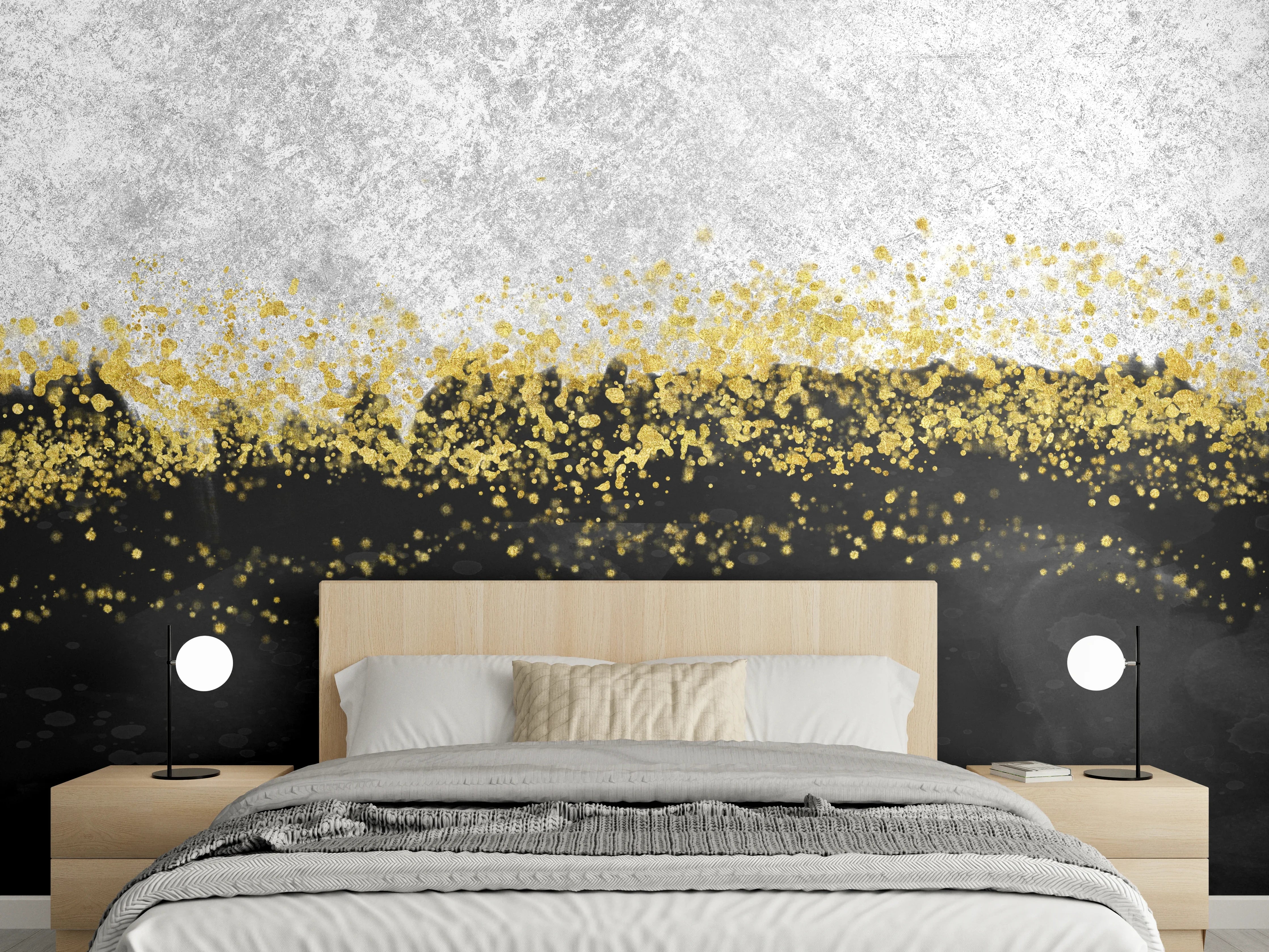 Wandverkleidung Schlafzimmer - Abstrakte Marmoroptik Schwarz Weiß Gold