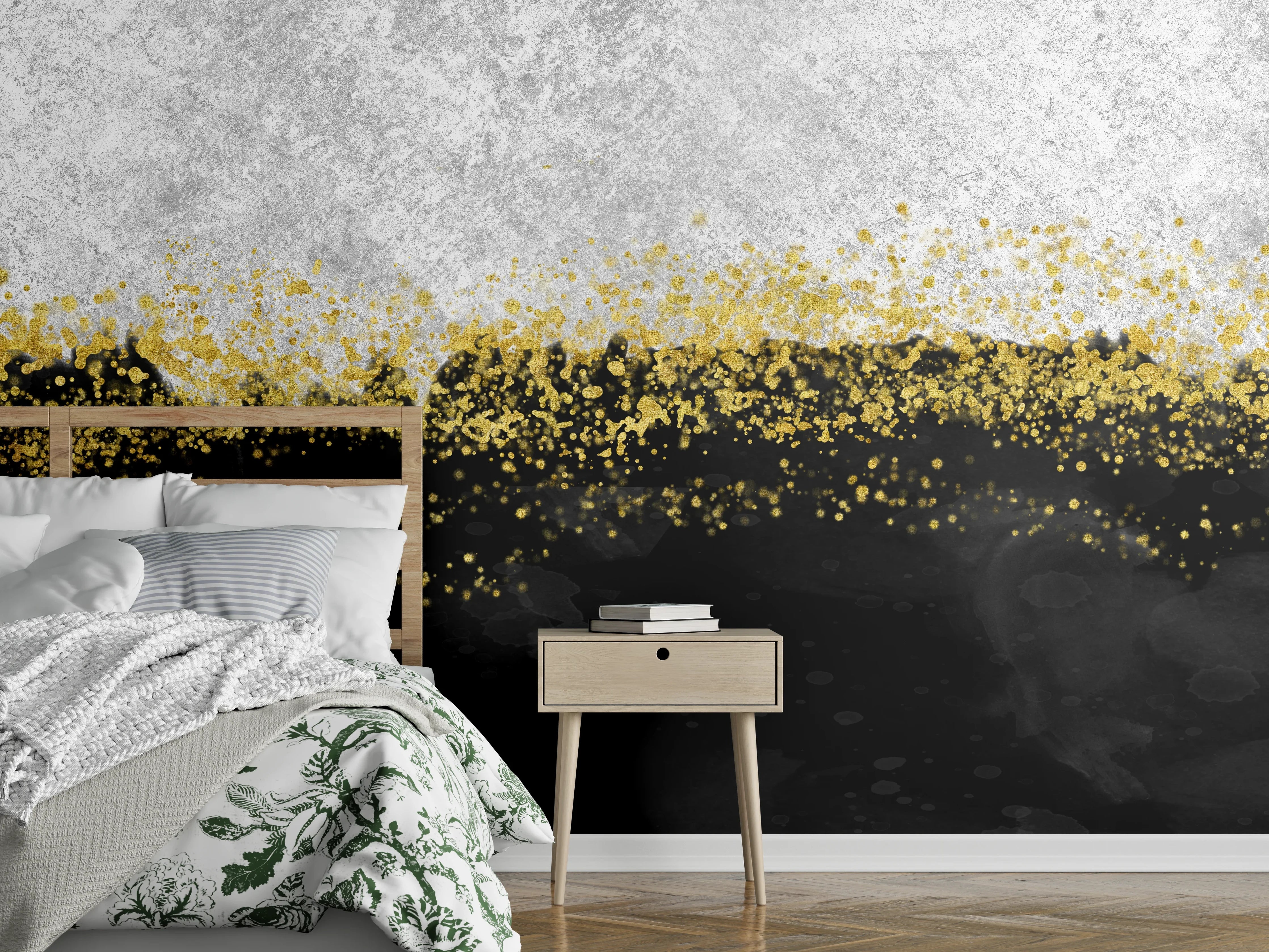 Wandverkleidung Schlafzimmer - Abstrakte Marmoroptik Schwarz Weiß Gold
