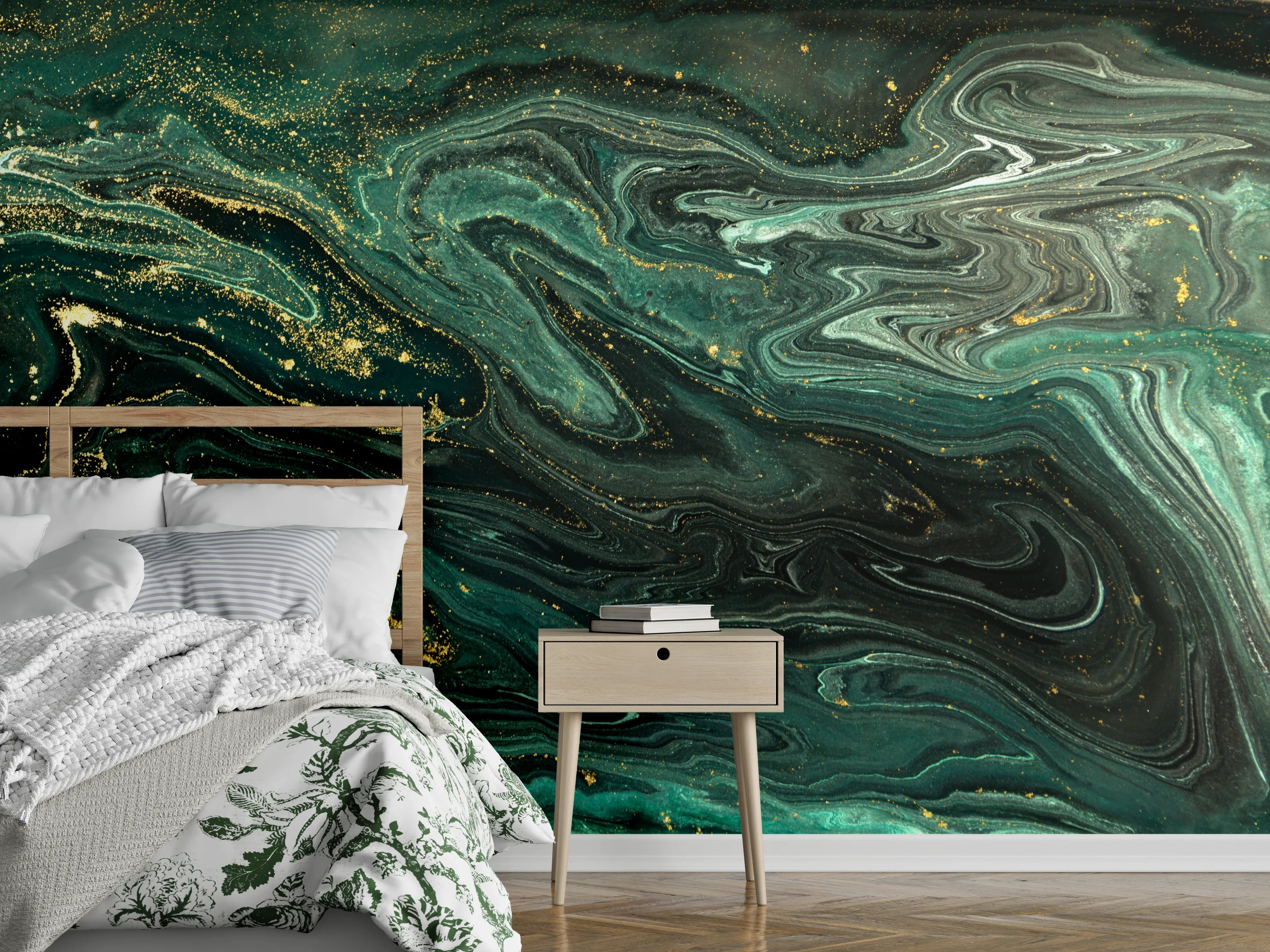 Wandverkleidung Schlafzimmer - Abstrakte Marmoroptik in Grün und Gold