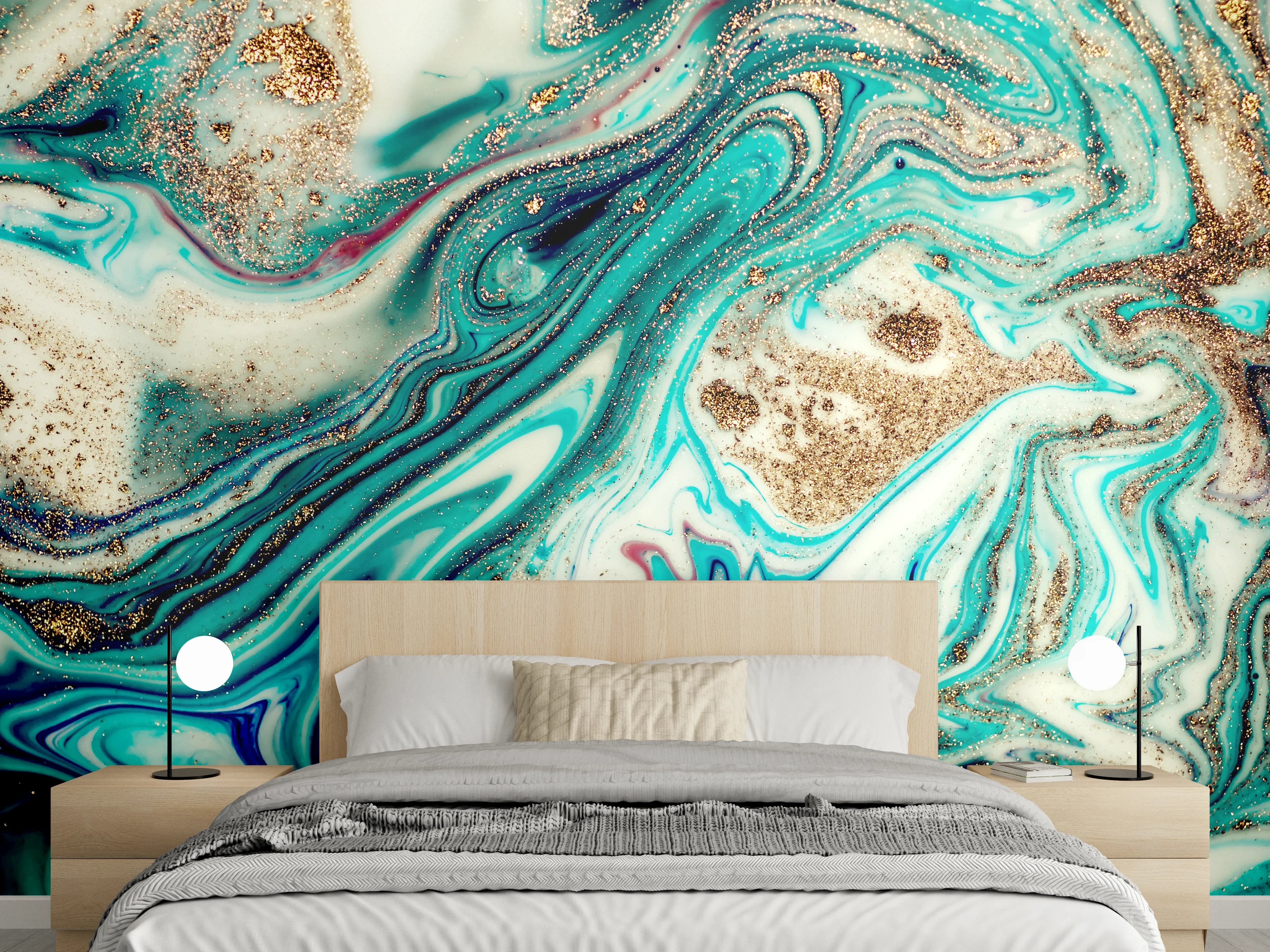 Wandverkleidung Schlafzimmer - Abstrakte Marmoroptik in Türkis und Gold