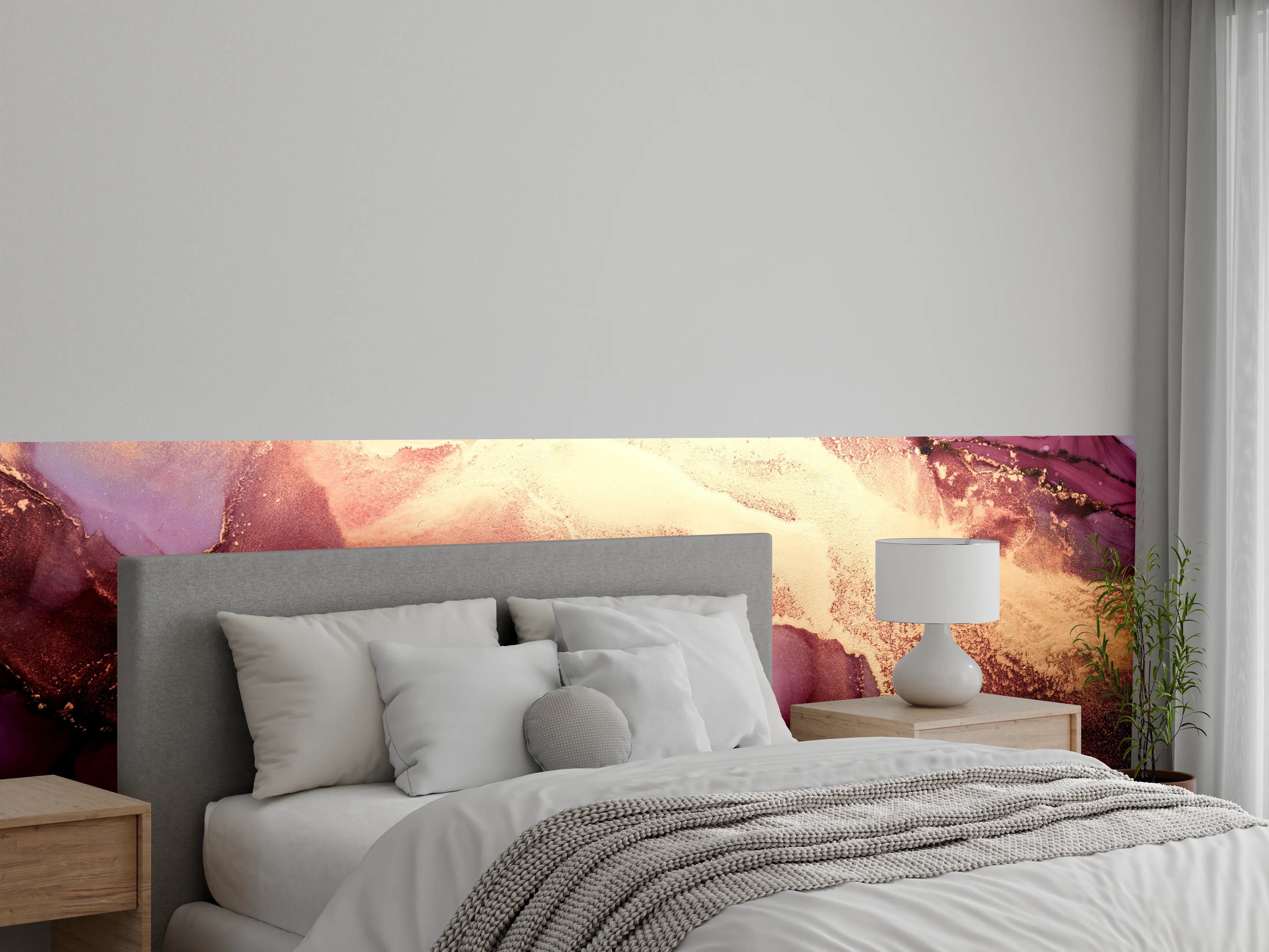 Wandverkleidung Schlafzimmer - Abstrakte Marmoroptik in Weinrot und Gold