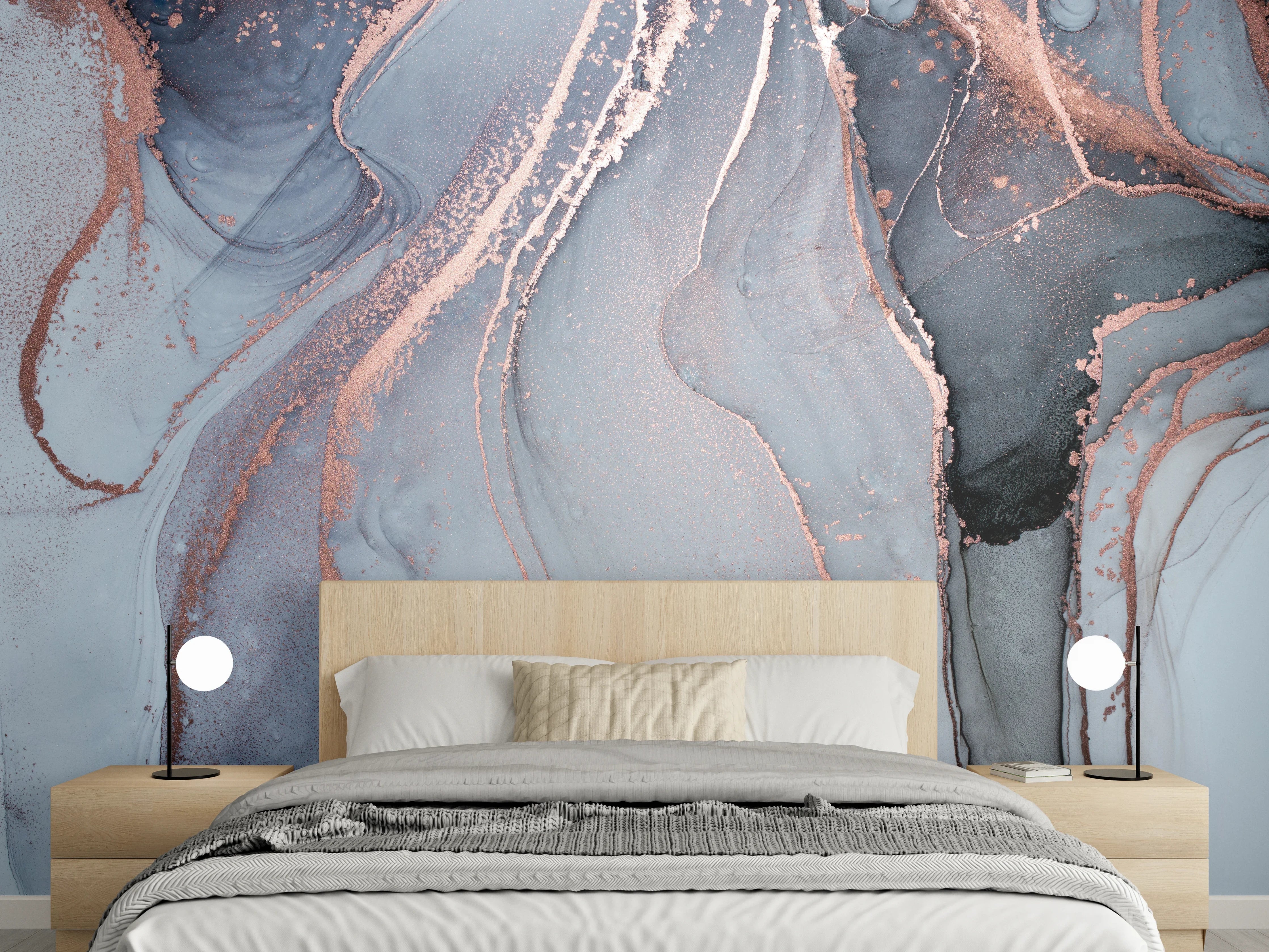 Wandverkleidung Schlafzimmer - Abstrakte Marmoroptik in Weiß-Grau-Rosegold