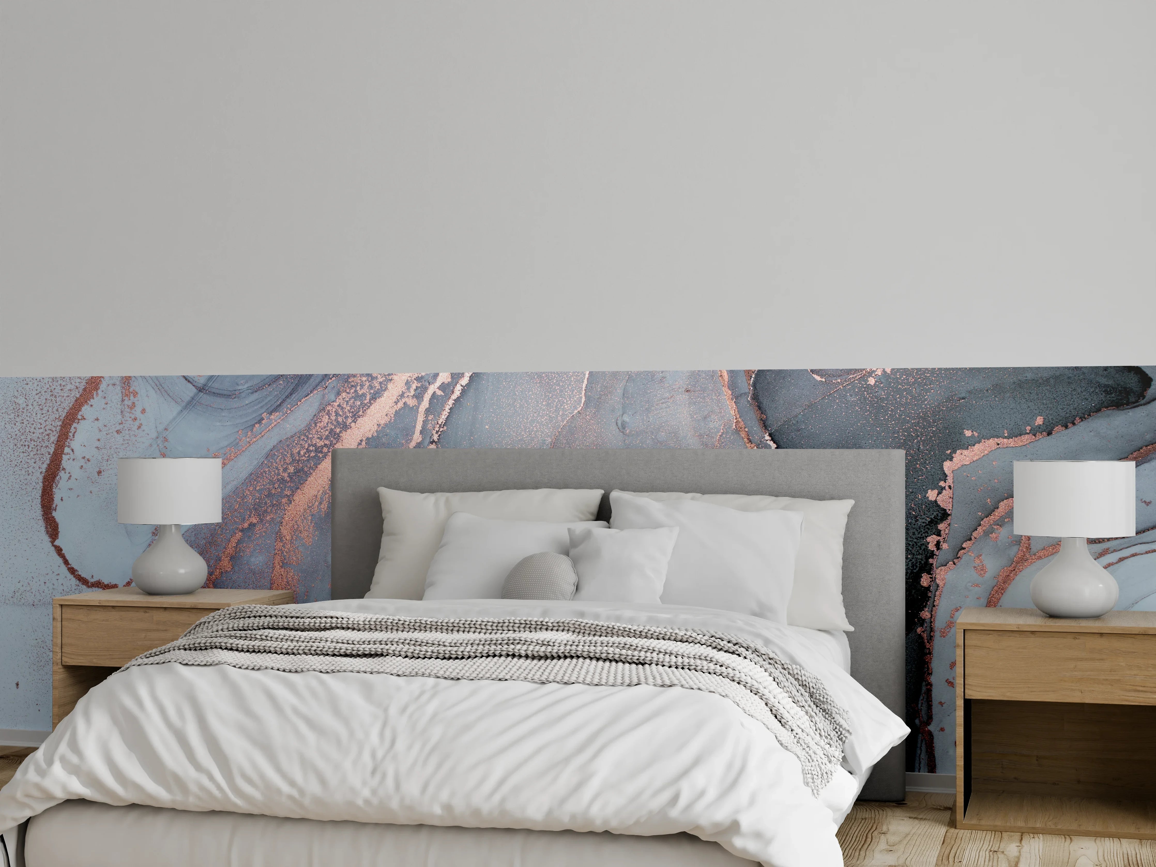 Wandverkleidung Schlafzimmer - Abstrakte Marmoroptik in Weiß-Grau-Rosegold
