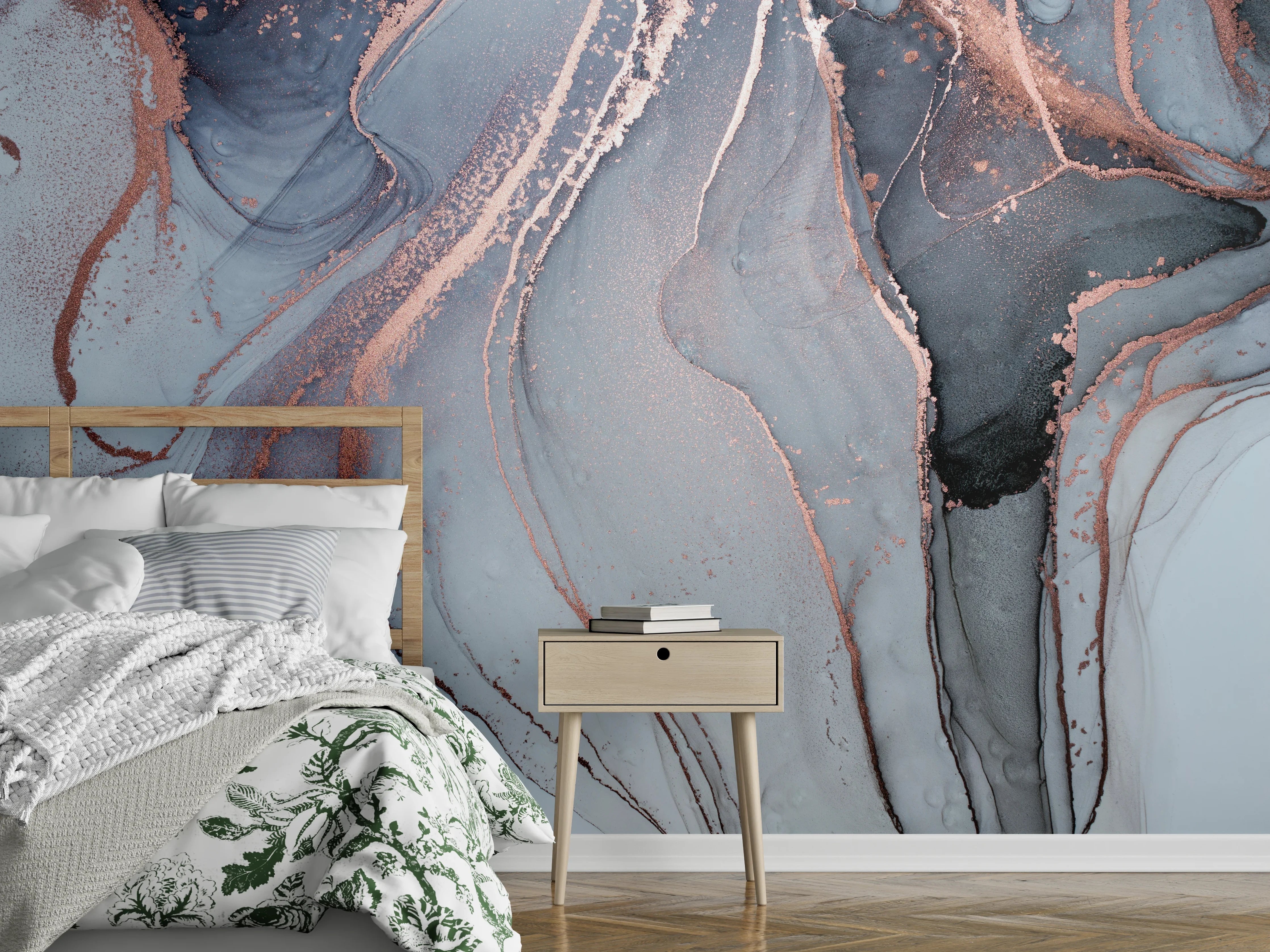 Wandverkleidung Schlafzimmer - Abstrakte Marmoroptik in Weiß-Grau-Rosegold