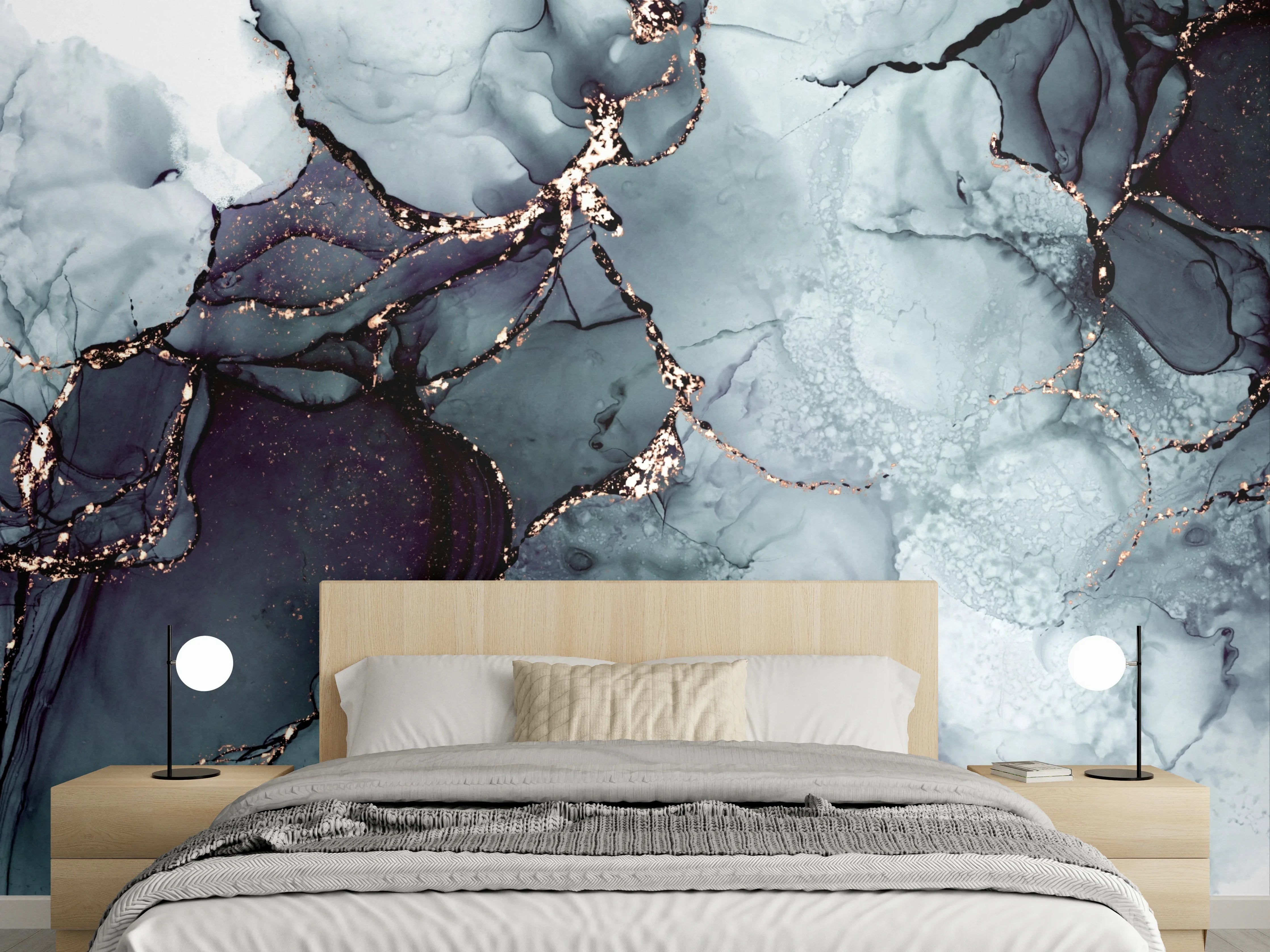 Wandverkleidung Schlafzimmer - Abstrakte Marmoroptik mit schwarzen Adern