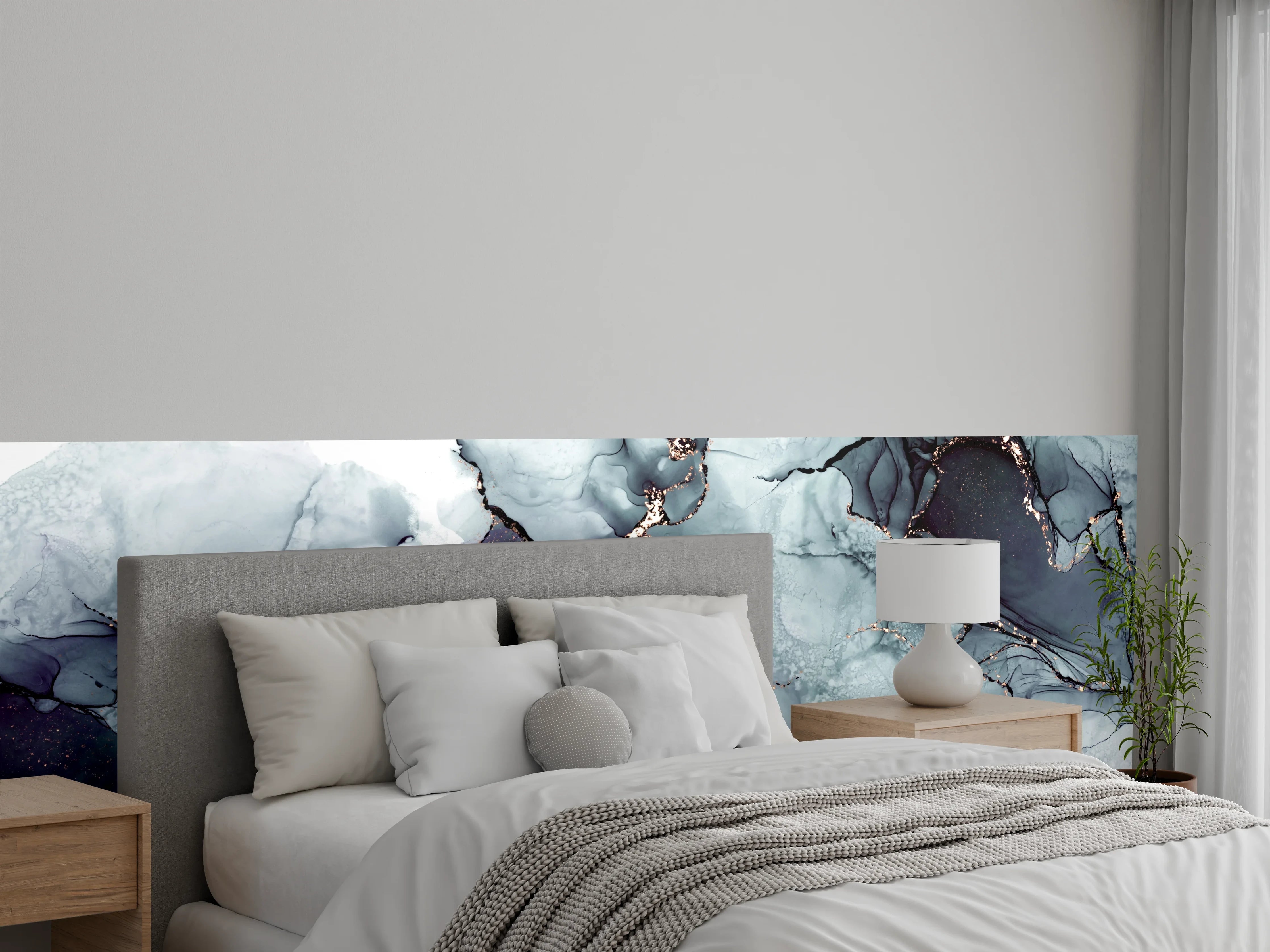 Wandverkleidung Schlafzimmer - Abstrakte Marmoroptik mit schwarzen Adern