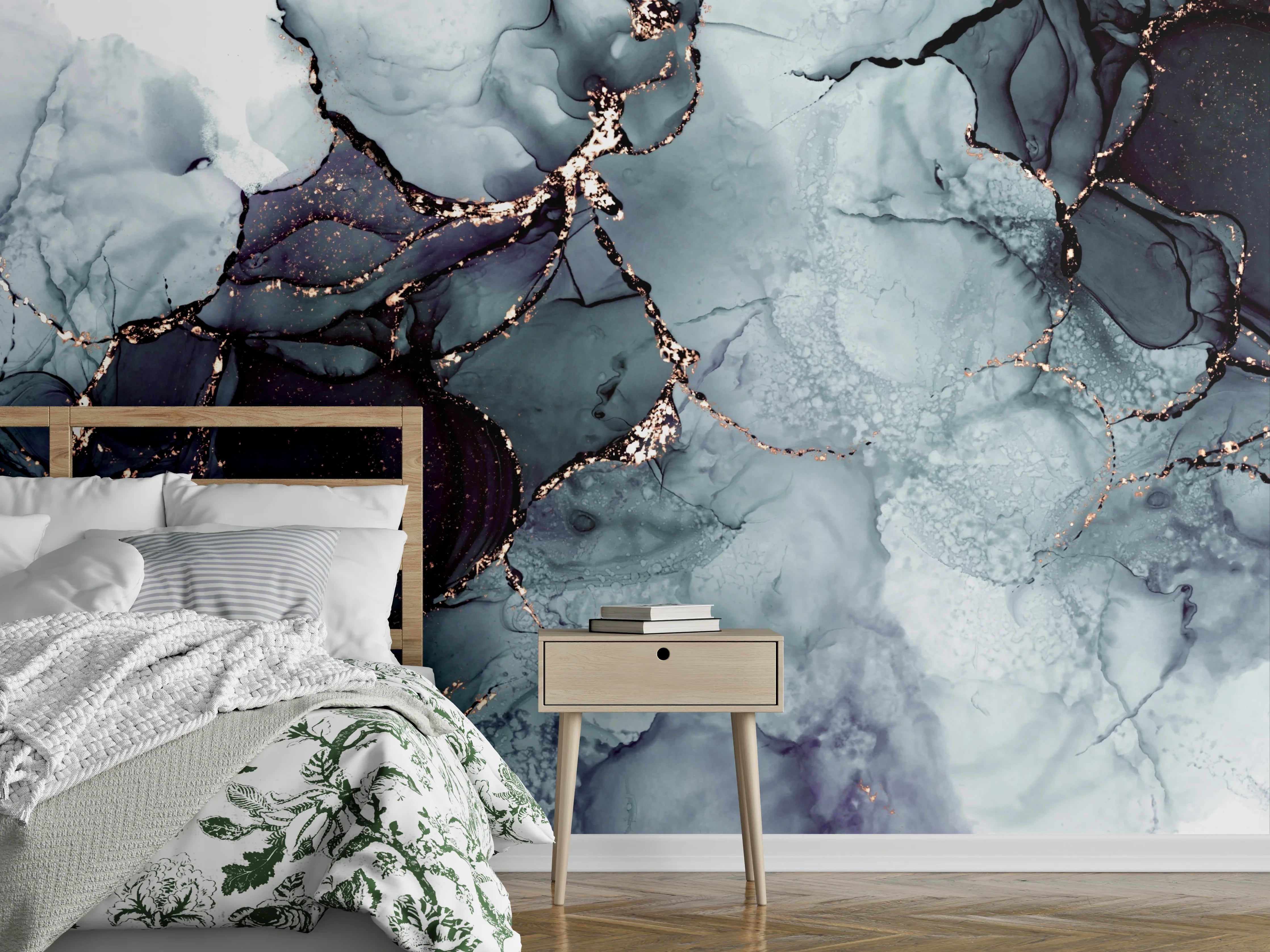 Wandverkleidung Schlafzimmer - Abstrakte Marmoroptik mit schwarzen Adern