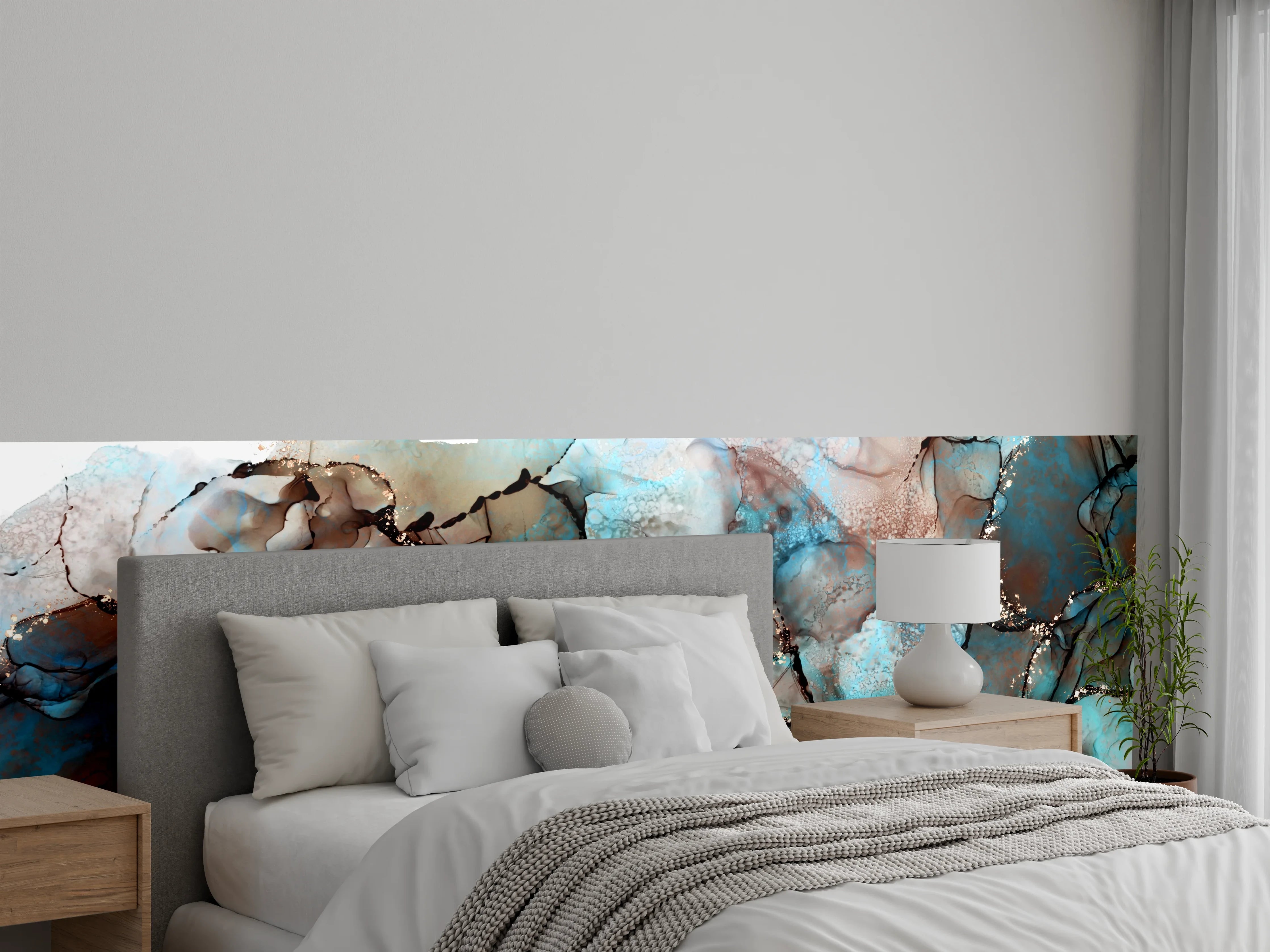 Wandverkleidung Schlafzimmer - Abstrakte Marmoroptik: Blau, Braun & Gold